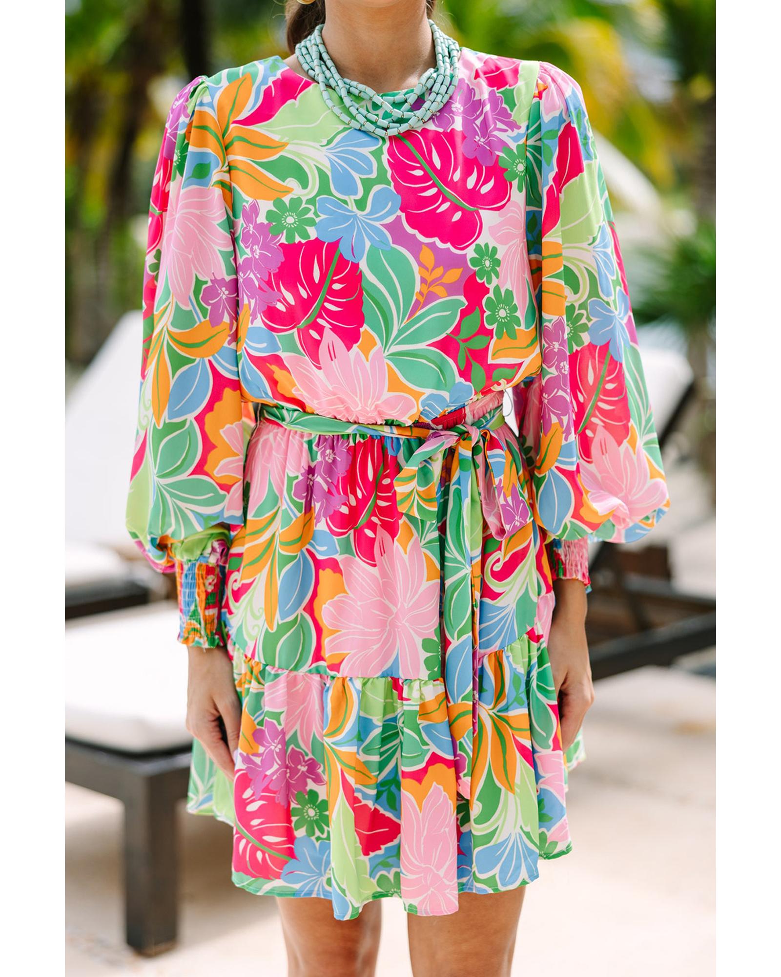 Green Multicolor Botanical Bubble Sleeve Mini Dress - L 4