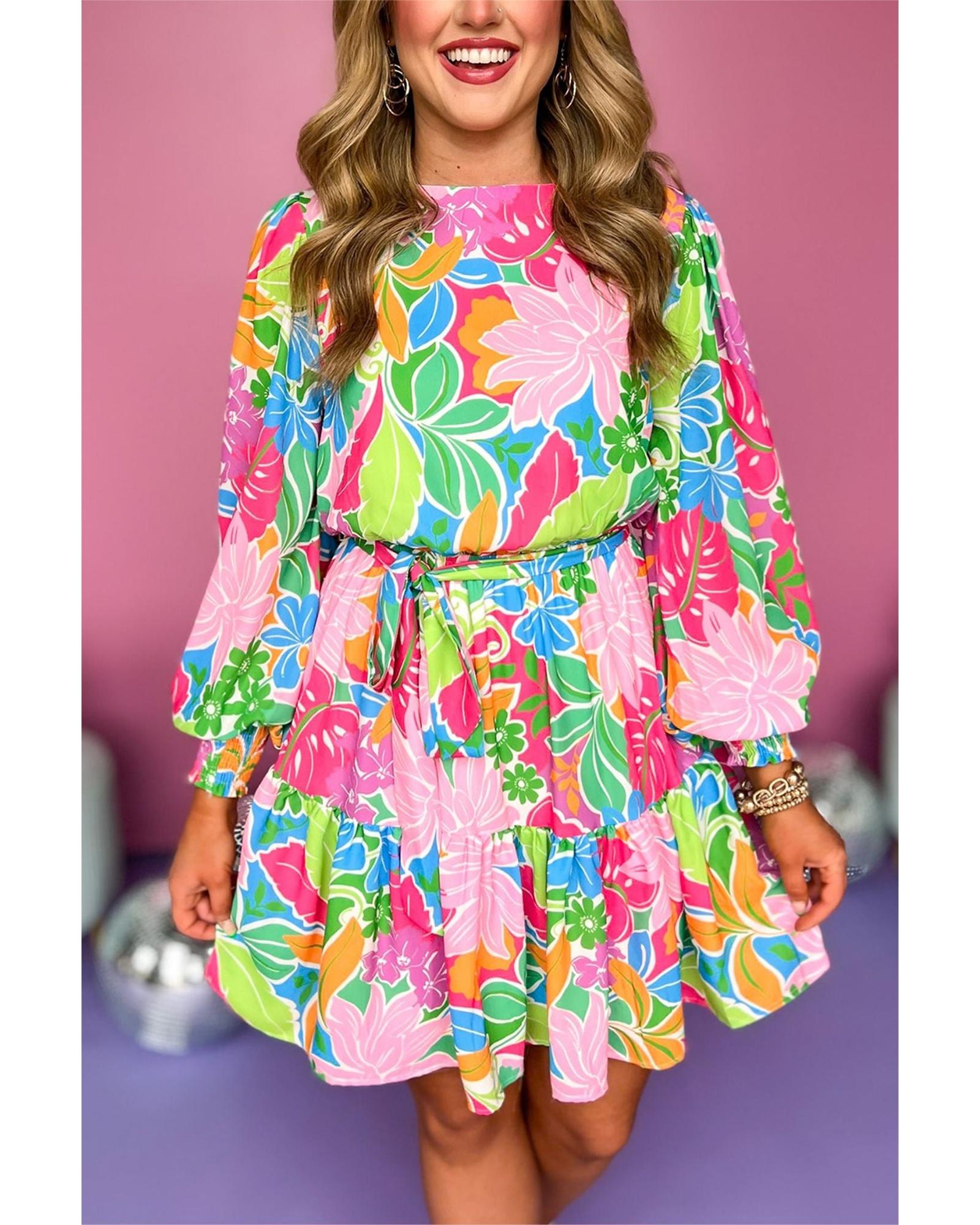 Green Multicolor Botanical Bubble Sleeve Mini Dress - M 3