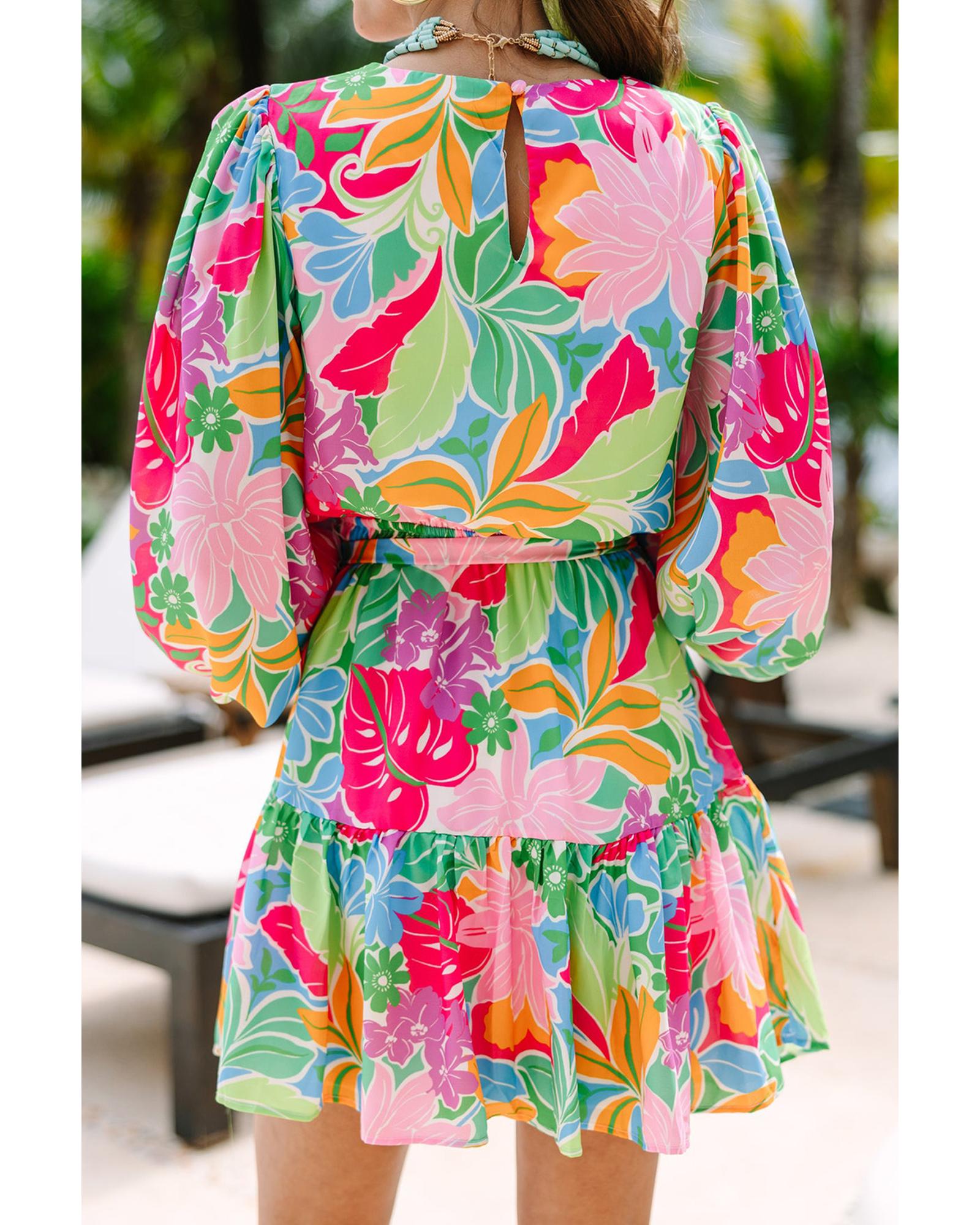Green Multicolor Botanical Bubble Sleeve Mini Dress - S