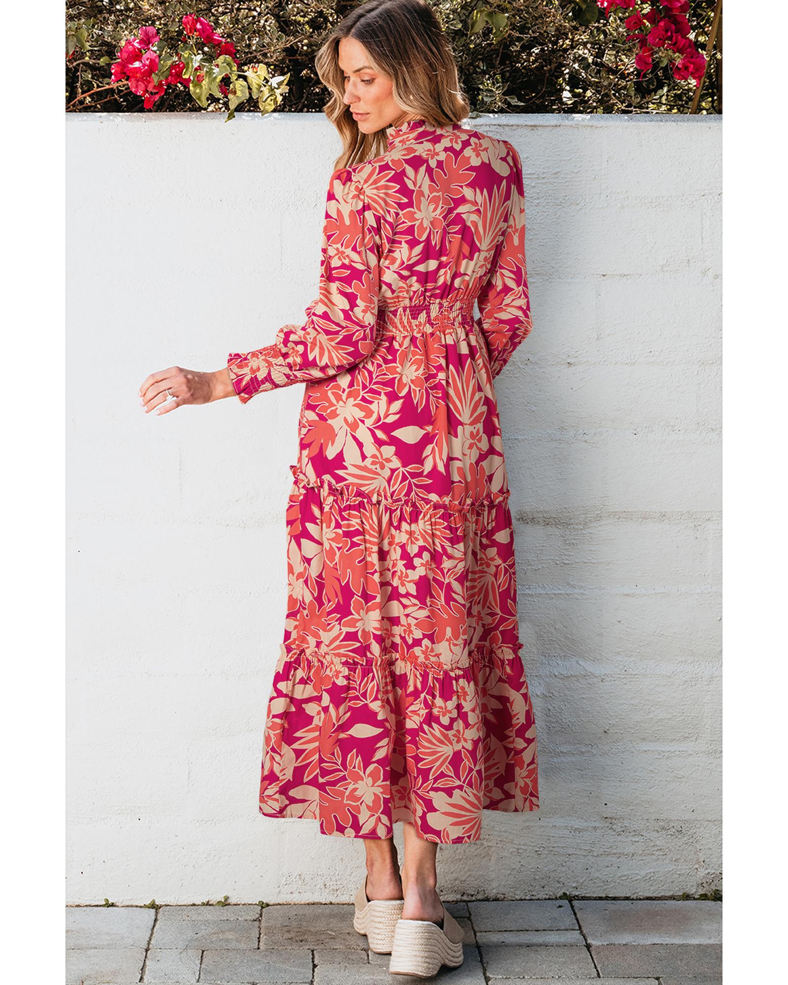 Rose Floral Print Buttoned Smocked High Waist Maxi Dress - L