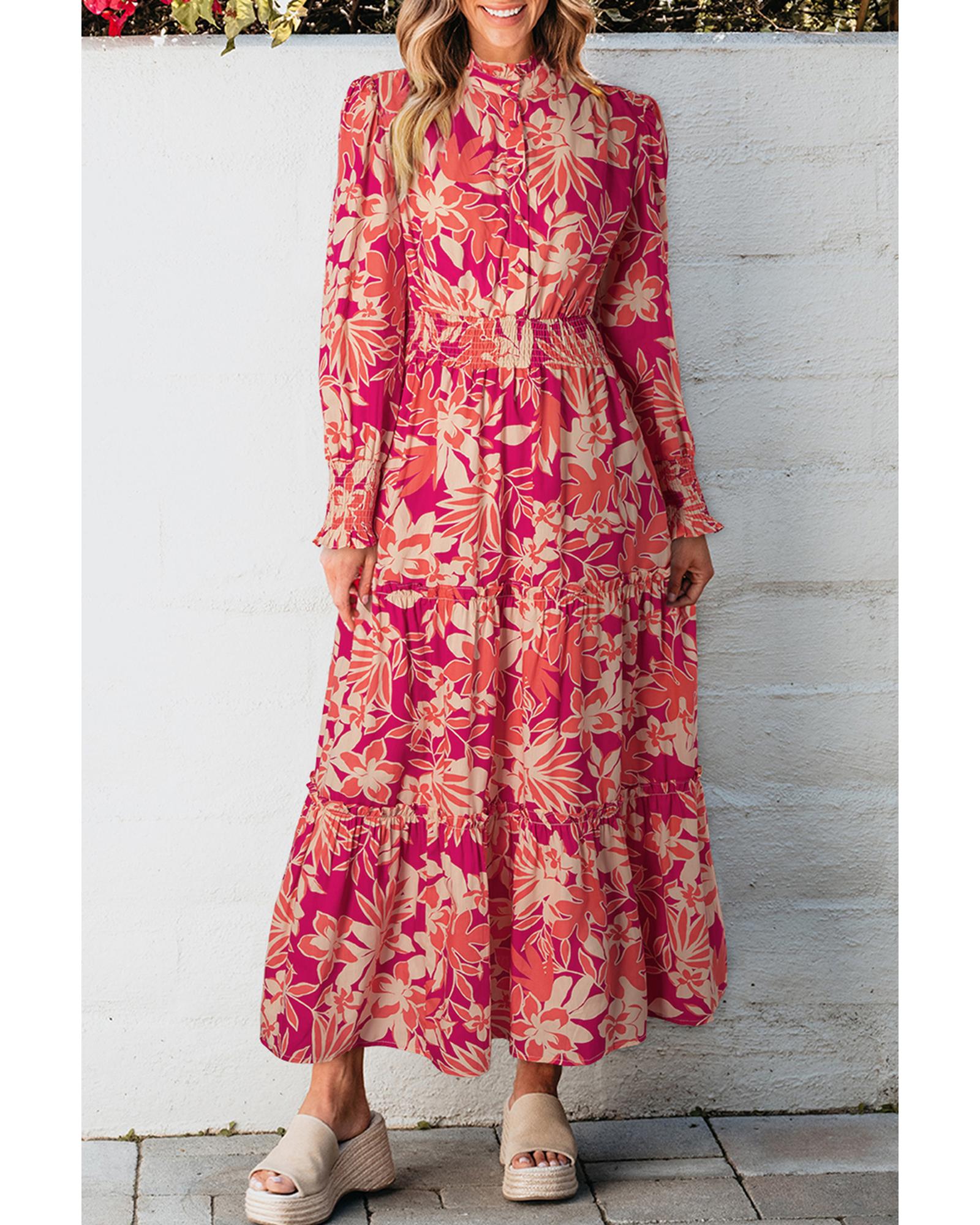 Rose Floral Print Buttoned Smocked High Waist Maxi Dress - L 3