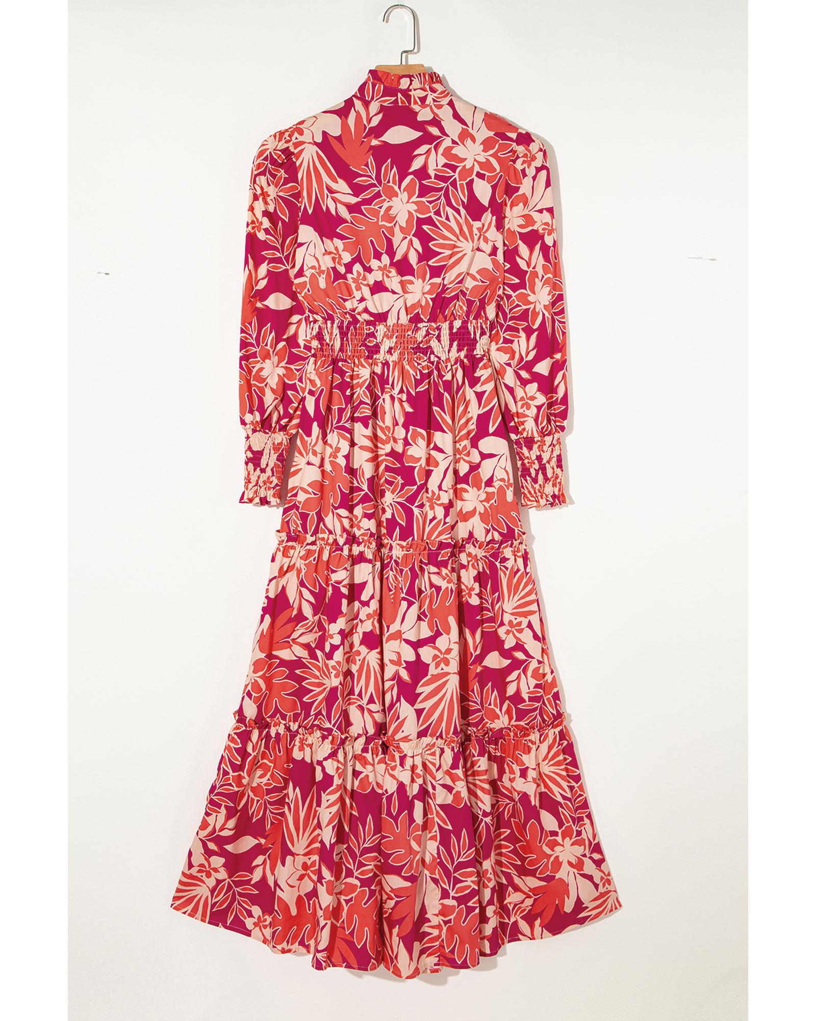 Rose Floral Print Buttoned Smocked High Waist Maxi Dress - L 4
