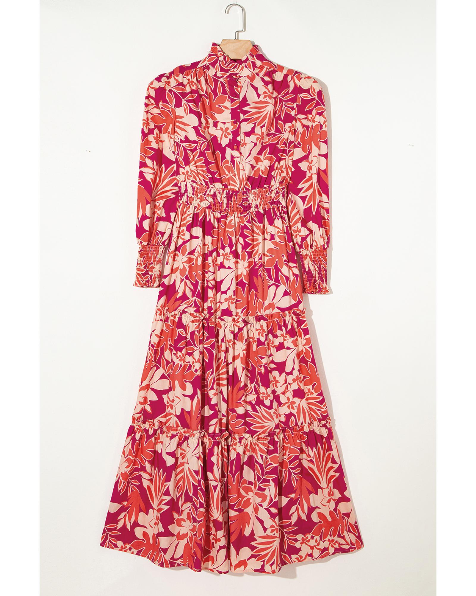 Rose Floral Print Buttoned Smocked High Waist Maxi Dress - L 5