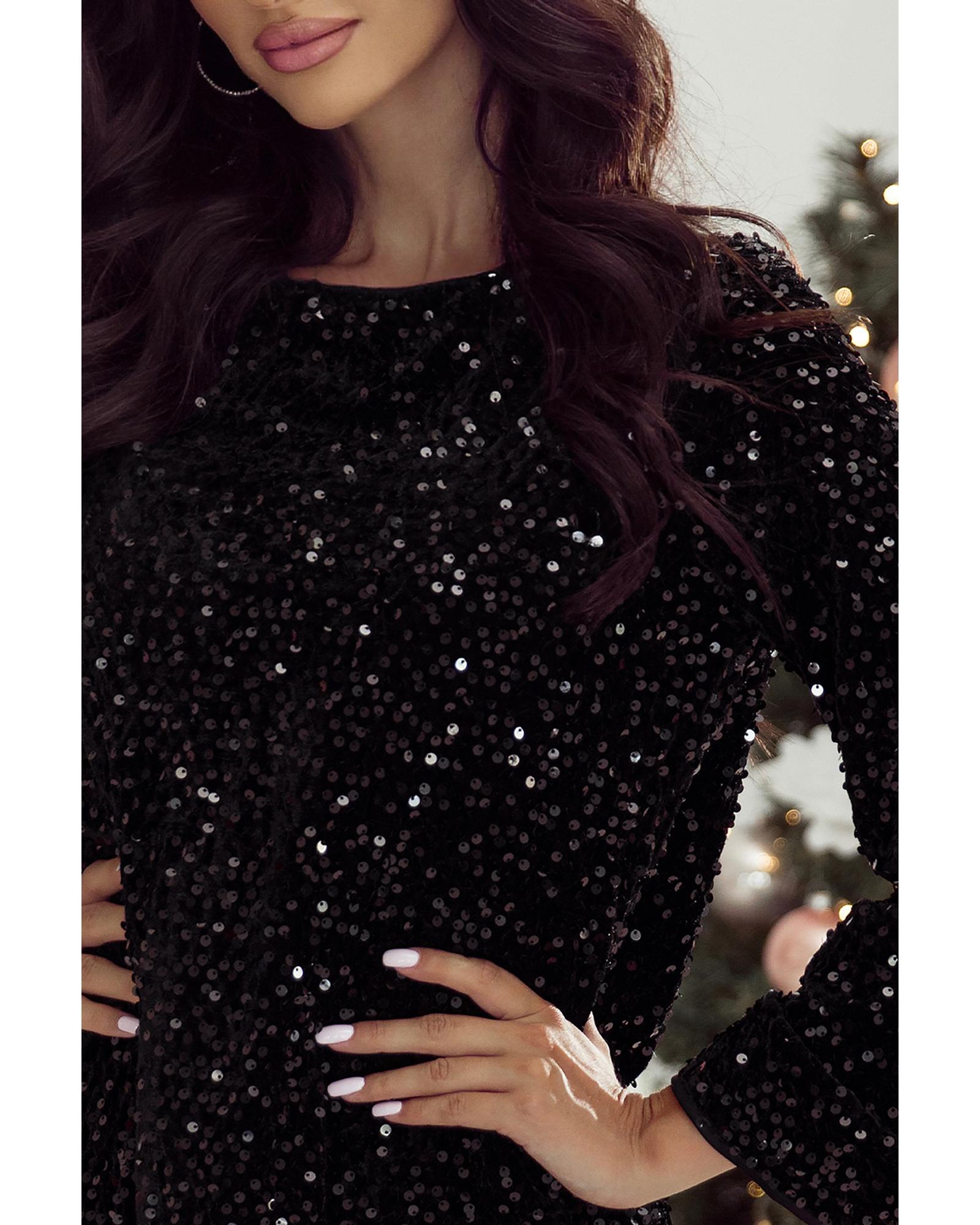 Black Sequin Long Sleeve Knot Cutout Back Mini Dress - M 3