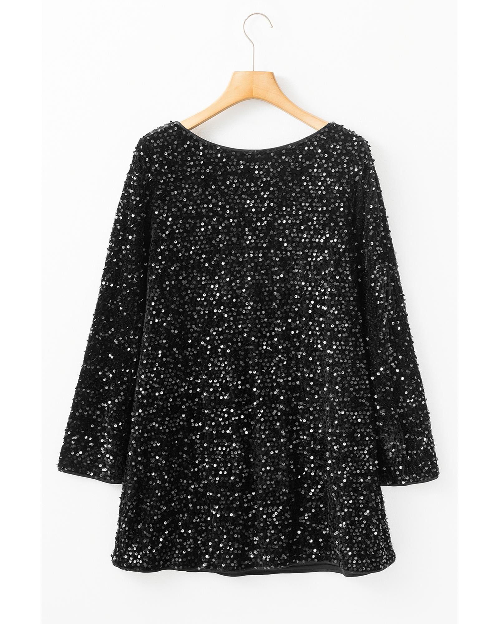 Black Sequin Long Sleeve Knot Cutout Back Mini Dress - M 6