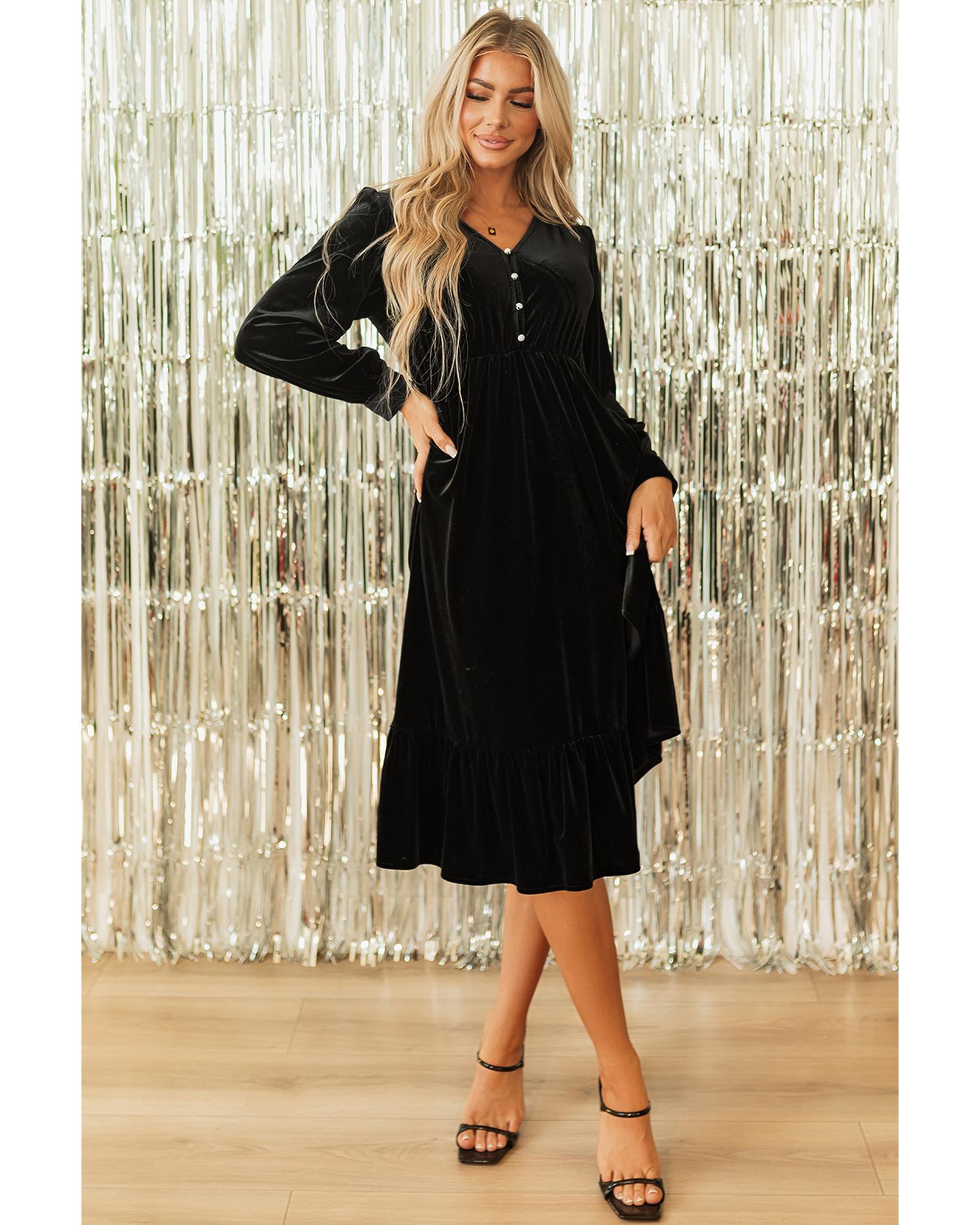 Black Velvet Buttoned Puff Sleeve V Neck Split Midi Dress - L 4