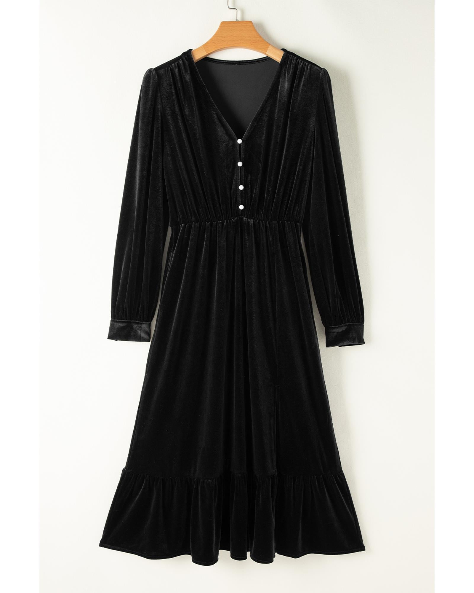 Black Velvet Buttoned Puff Sleeve V Neck Split Midi Dress - L 8