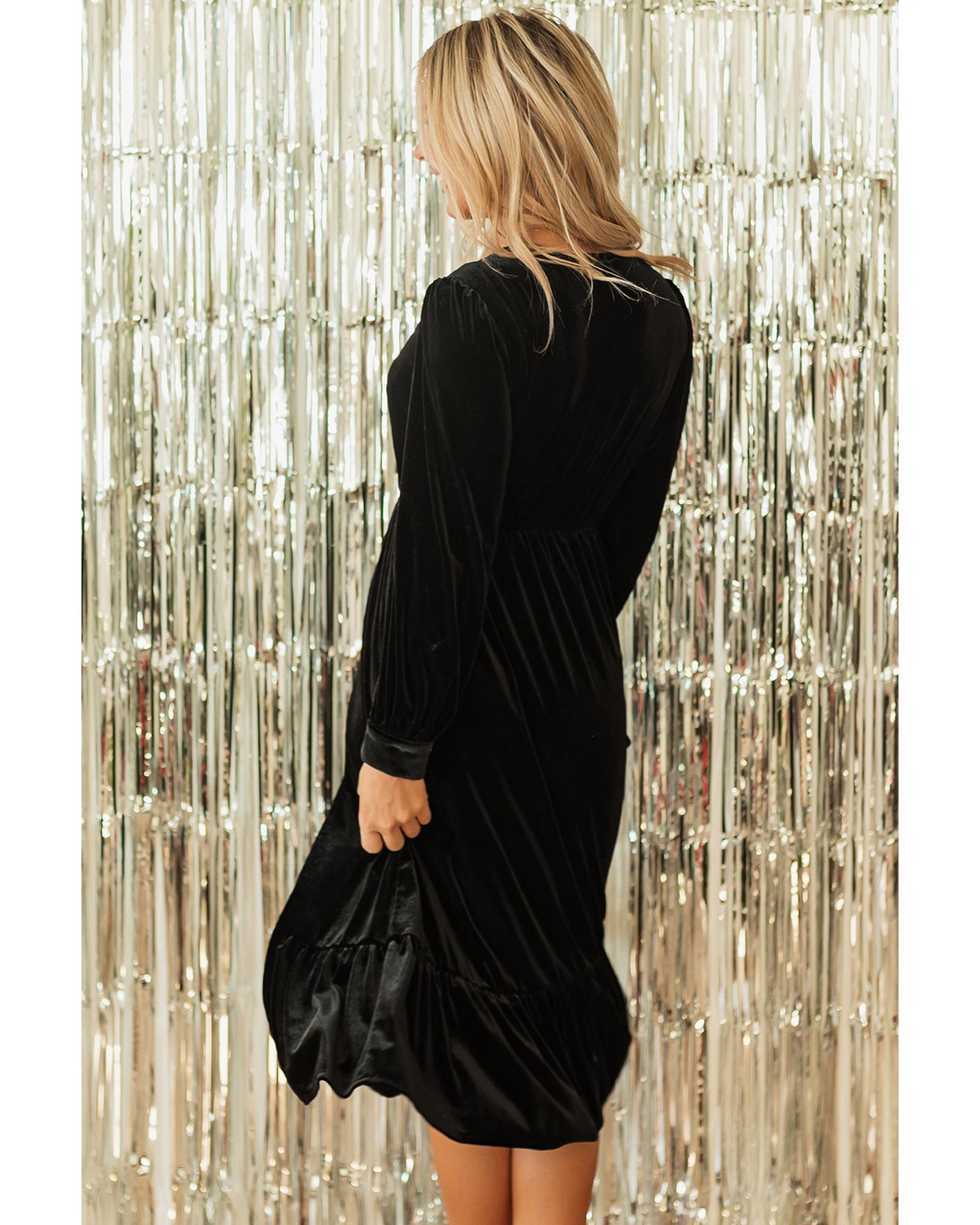 Black Velvet Buttoned Puff Sleeve V Neck Split Midi Dress - M