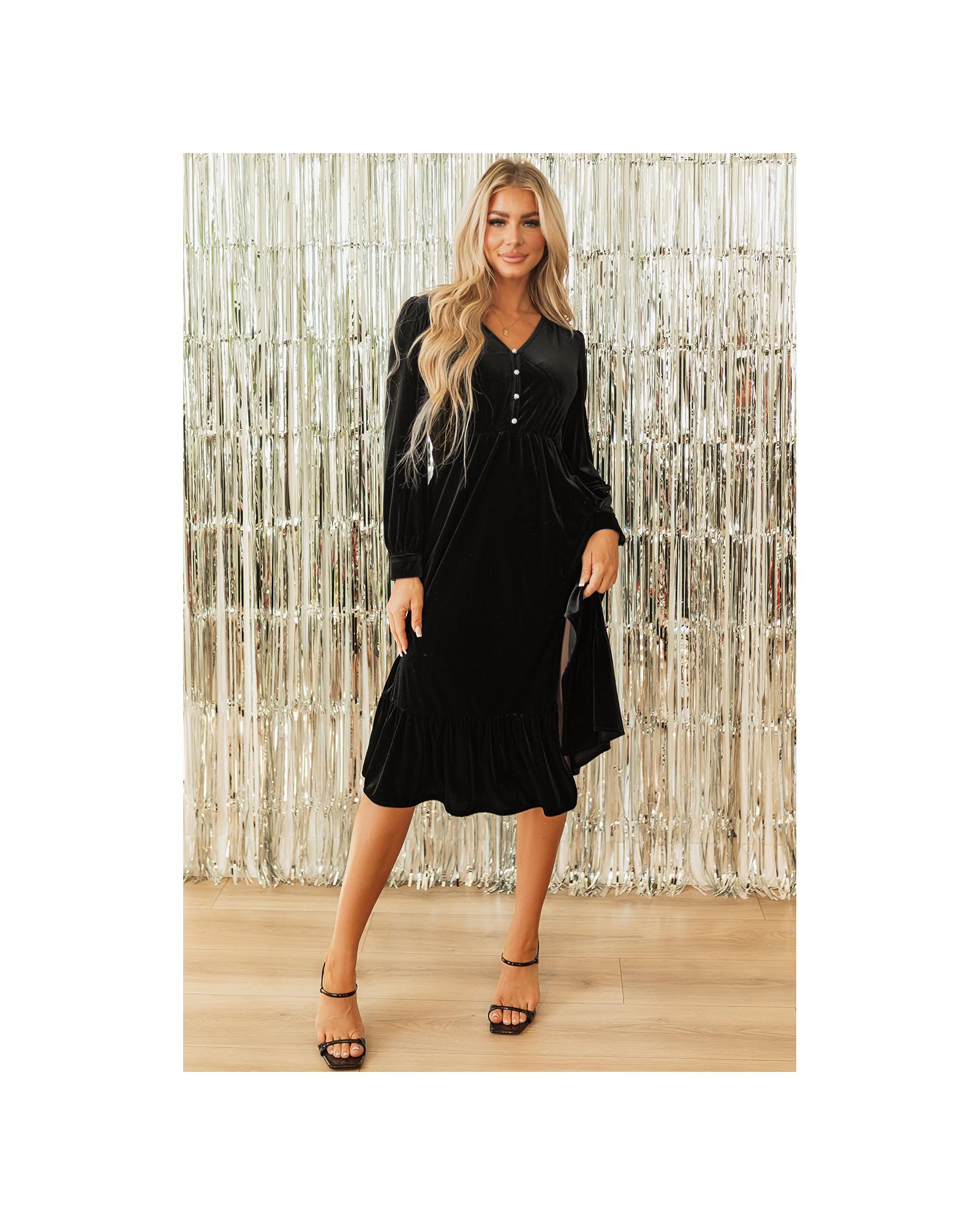 Black Velvet Buttoned Puff Sleeve V Neck Split Midi Dress - S