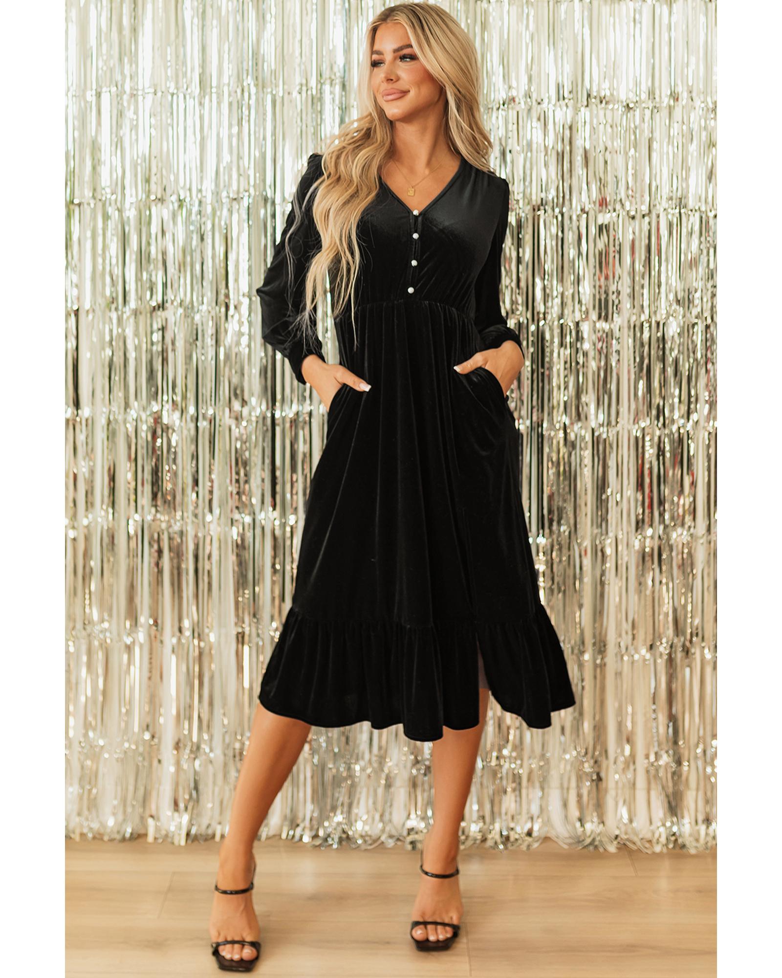 Black Velvet Buttoned Puff Sleeve V Neck Split Midi Dress - S 3