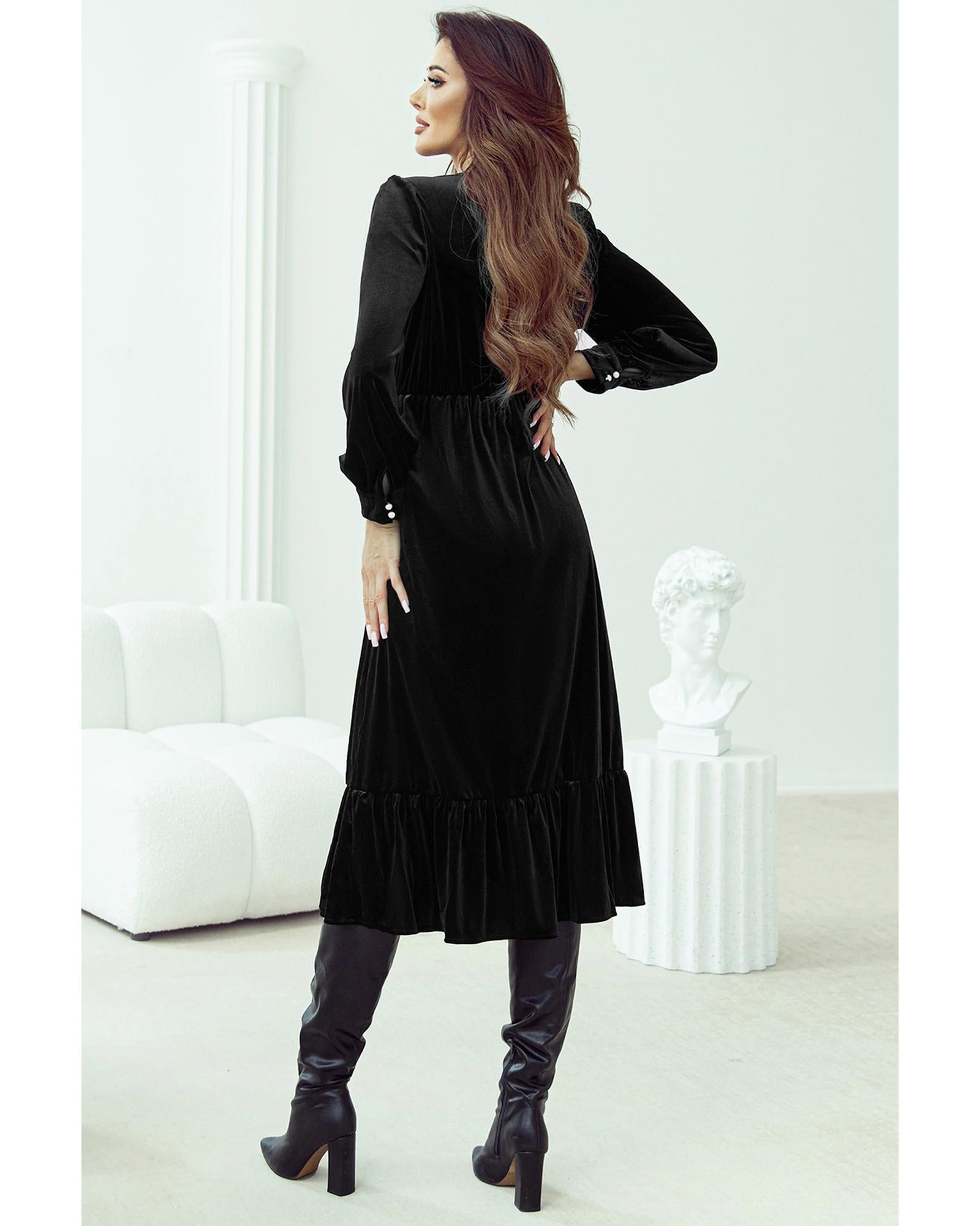 Black Velvet Buttoned Puff Sleeve V Neck Split Midi Dress - S 6