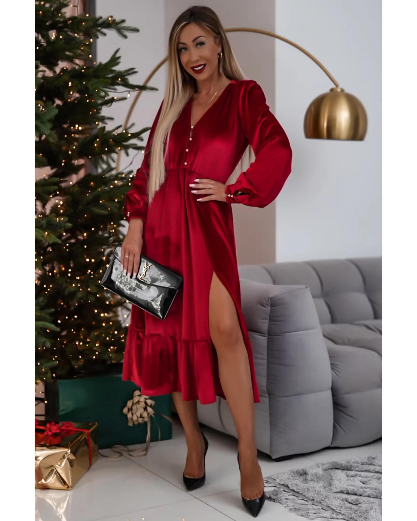 Racing Red Velvet Buttoned Puff Sleeve V Neck Split Midi Dress - M 5