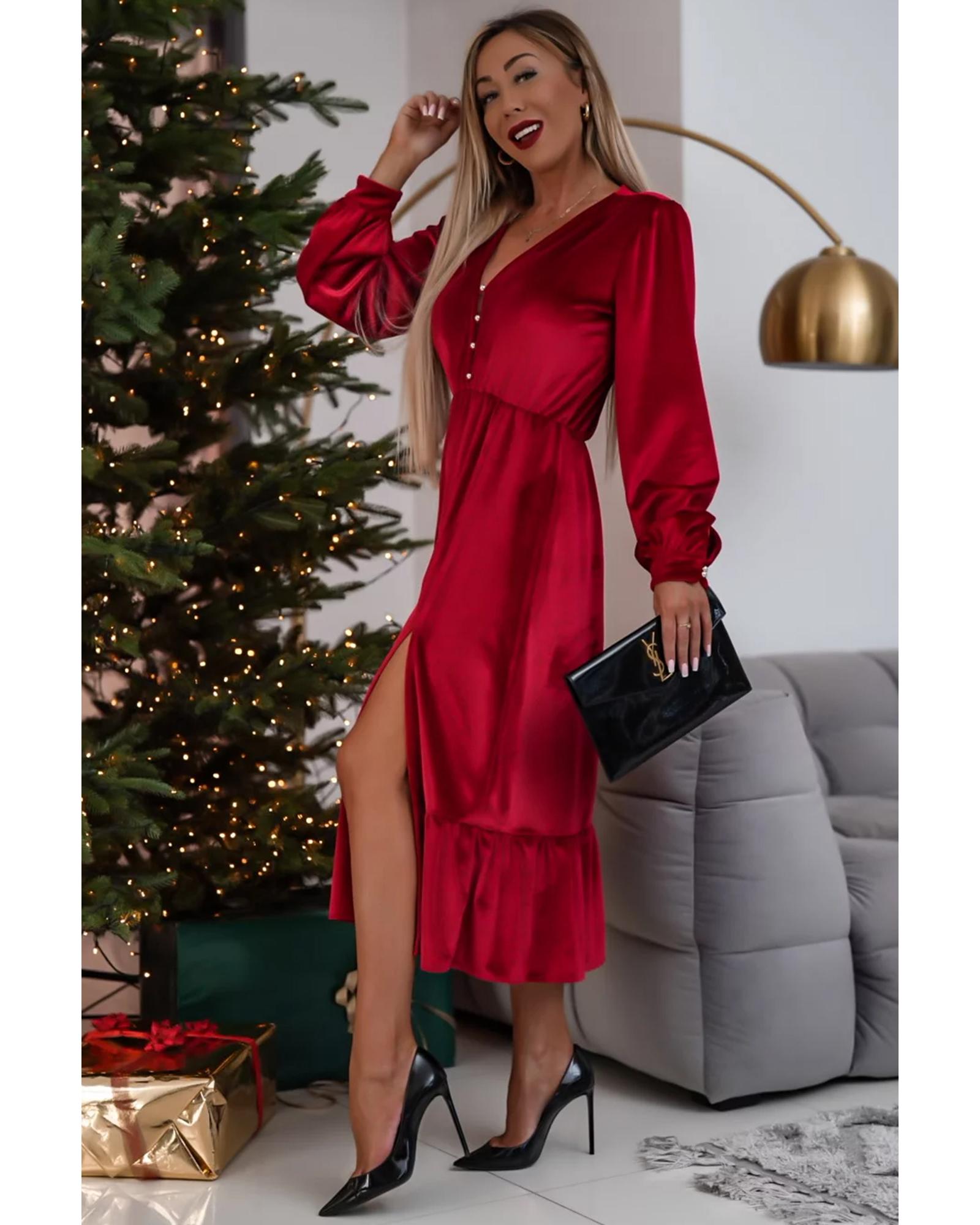 Racing Red Velvet Buttoned Puff Sleeve V Neck Split Midi Dress - S 4