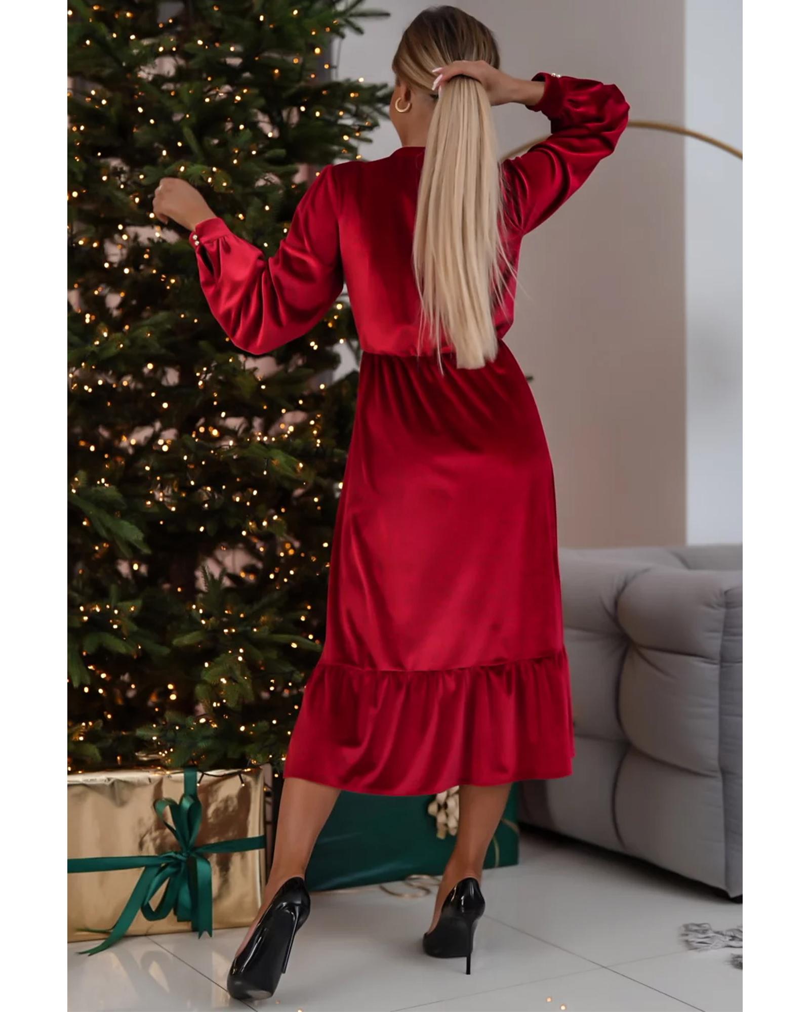 Racing Red Velvet Buttoned Puff Sleeve V Neck Split Midi Dress - S 5