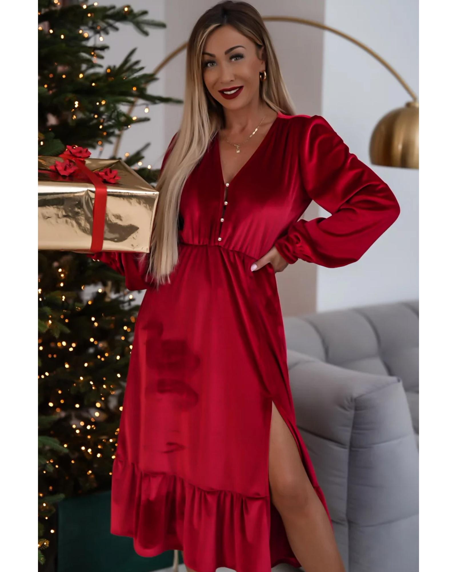 Racing Red Velvet Buttoned Puff Sleeve V Neck Split Midi Dress - XL