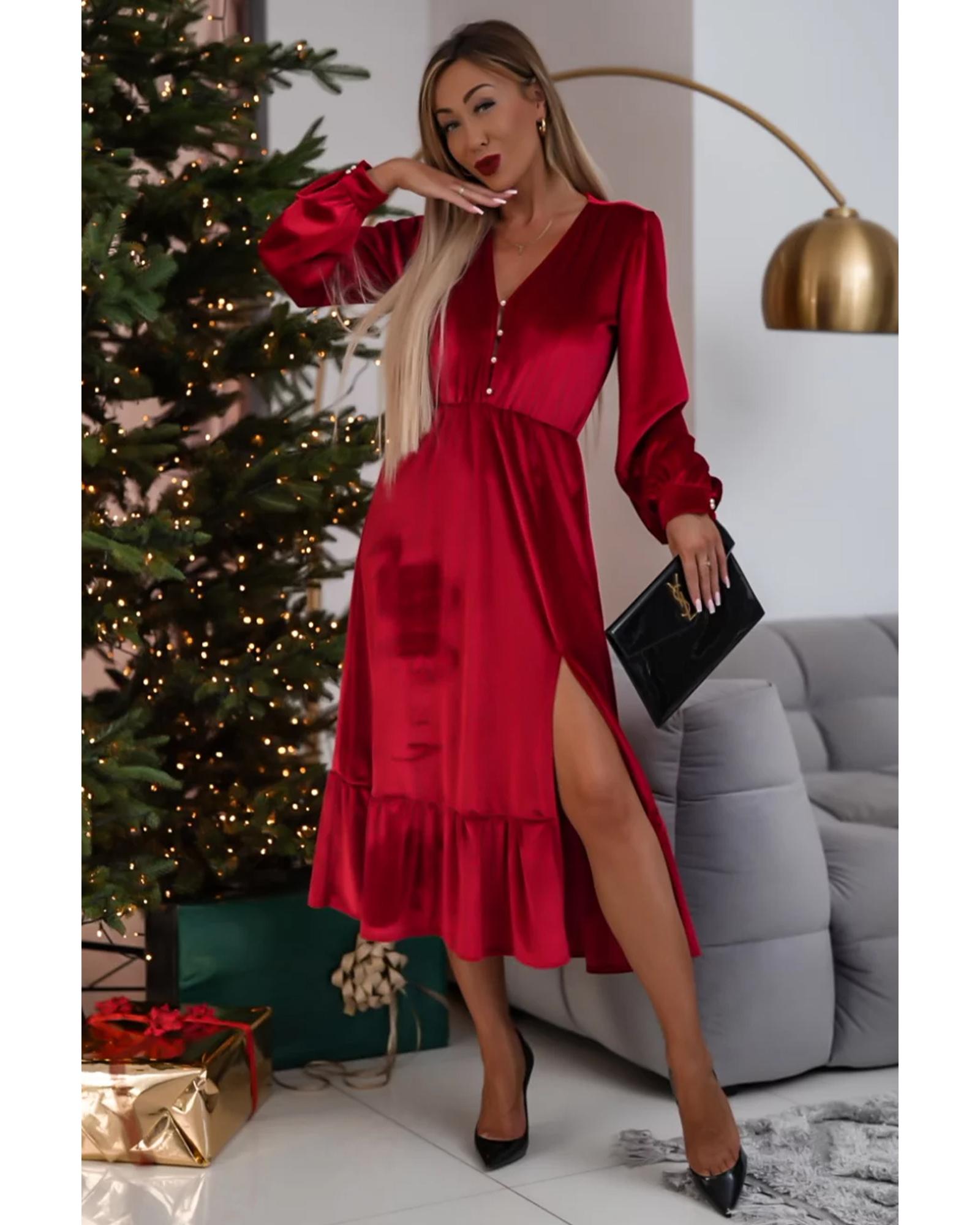 Racing Red Velvet Buttoned Puff Sleeve V Neck Split Midi Dress - XL 7