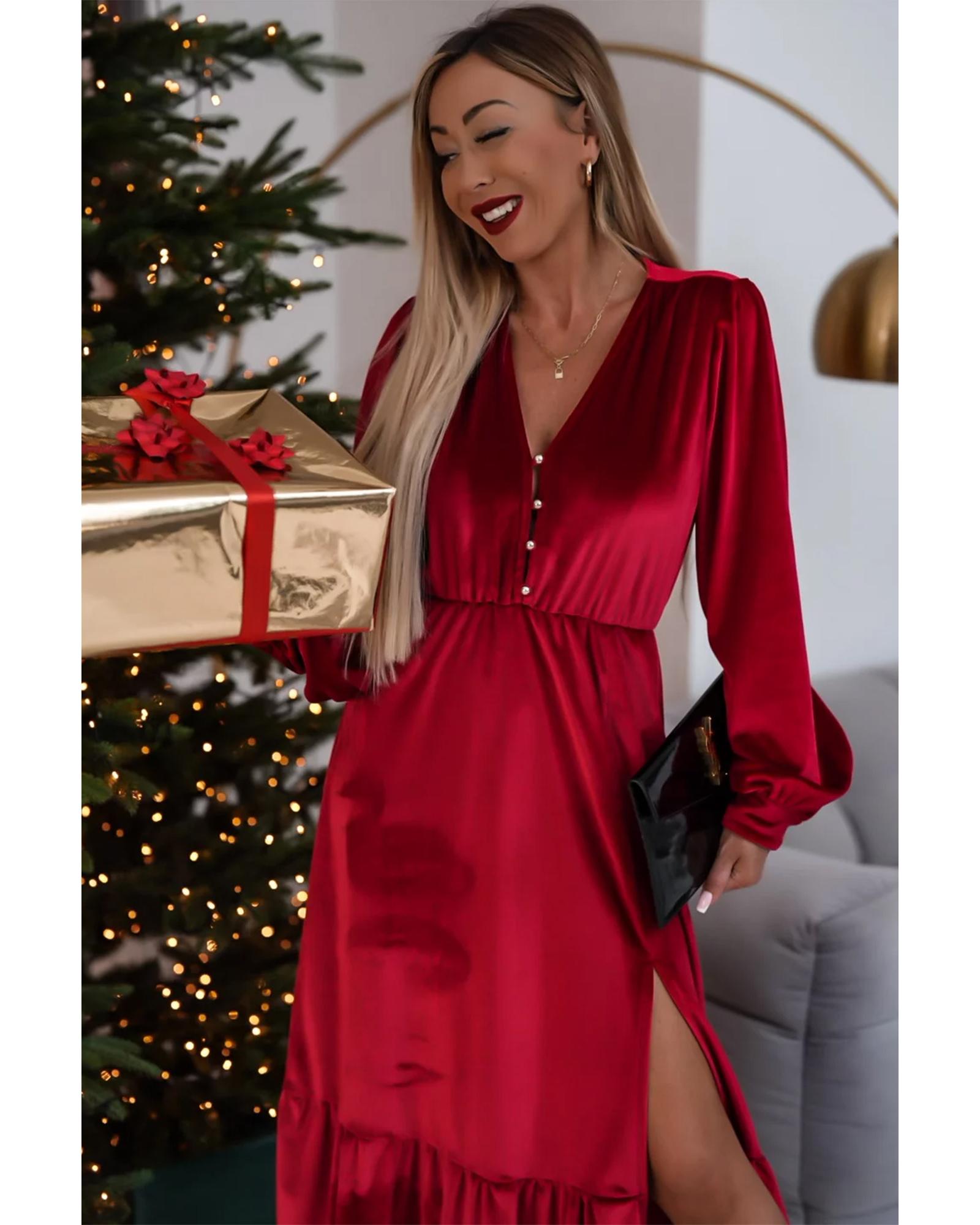 Racing Red Velvet Buttoned Puff Sleeve V Neck Split Midi Dress - XL 8