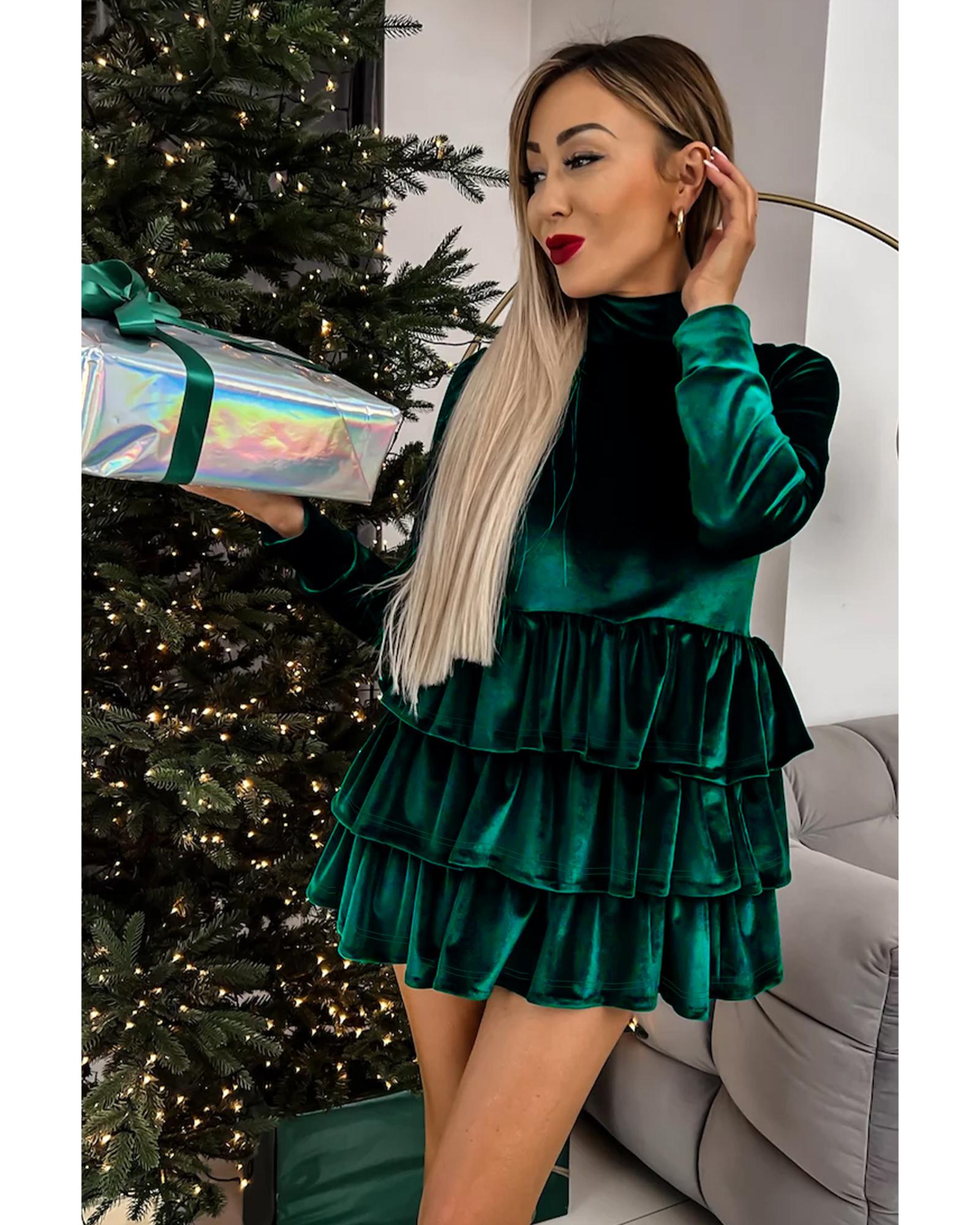 Evergreen Velvet High Neck Tiered Ruffle Mini Dress - XL 3