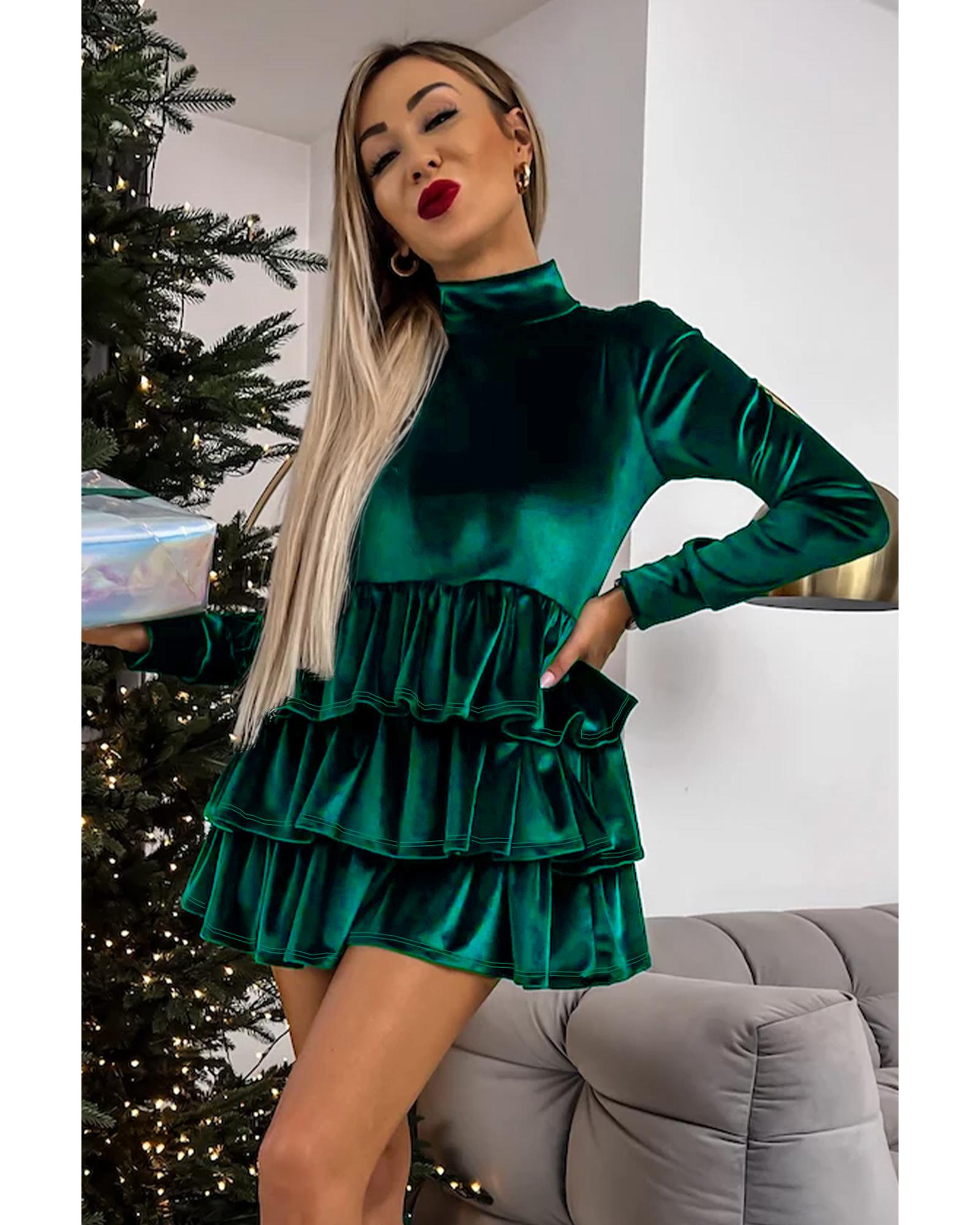 Evergreen Velvet High Neck Tiered Ruffle Mini Dress - XL 5