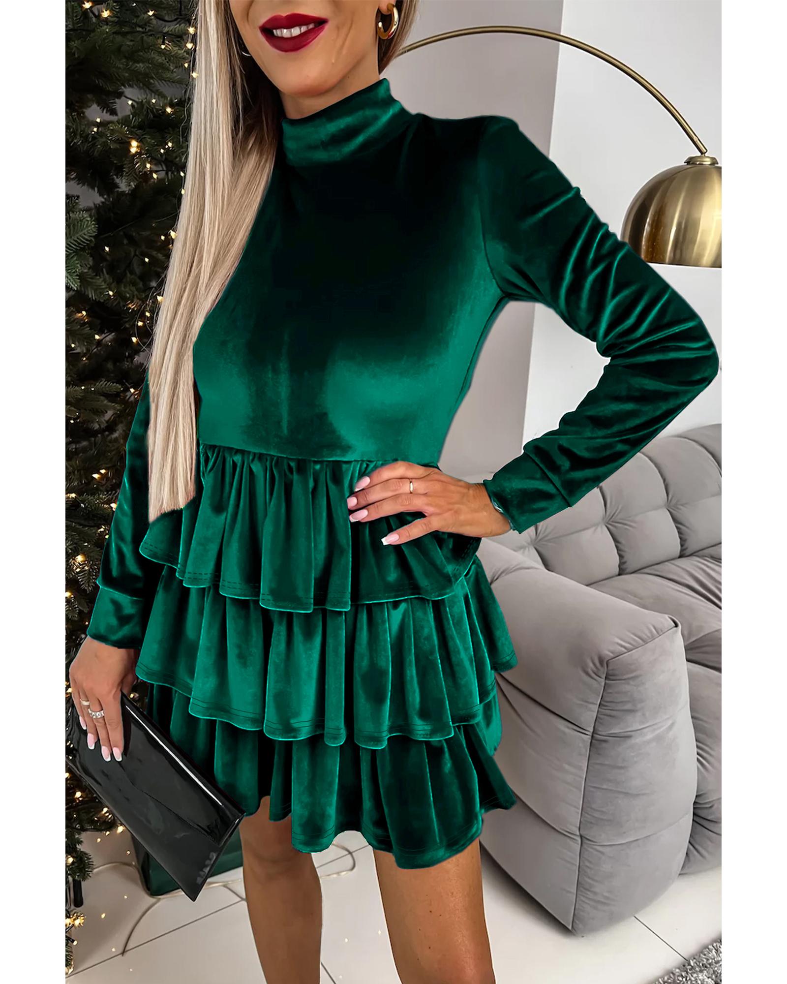 Evergreen Velvet High Neck Tiered Ruffle Mini Dress - XL 7