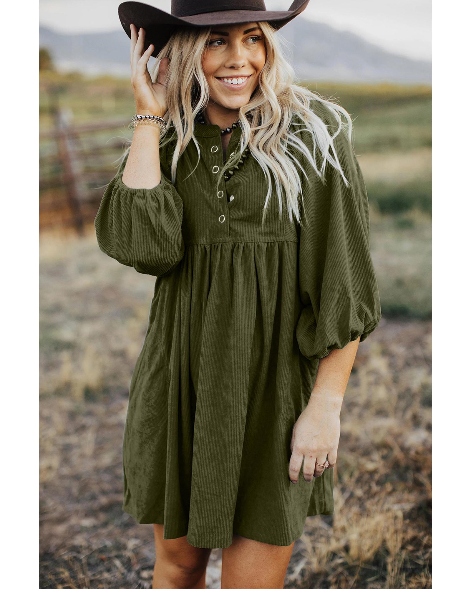 Vineyard Green Corduroy Snap Buttons Empire Waist Bracelet Sleeve Dress - M 3