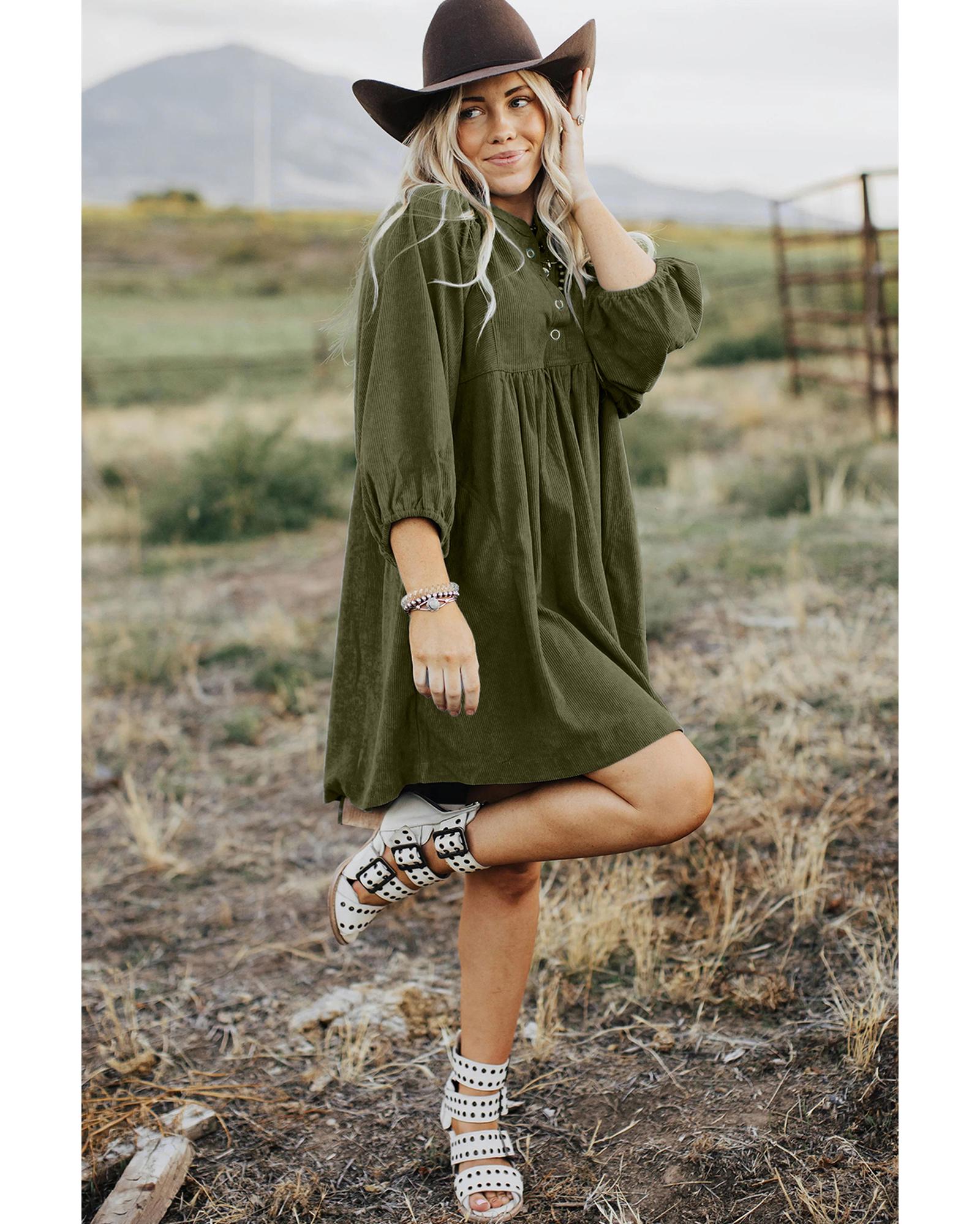 Vineyard Green Corduroy Snap Buttons Empire Waist Bracelet Sleeve Dress - M 4