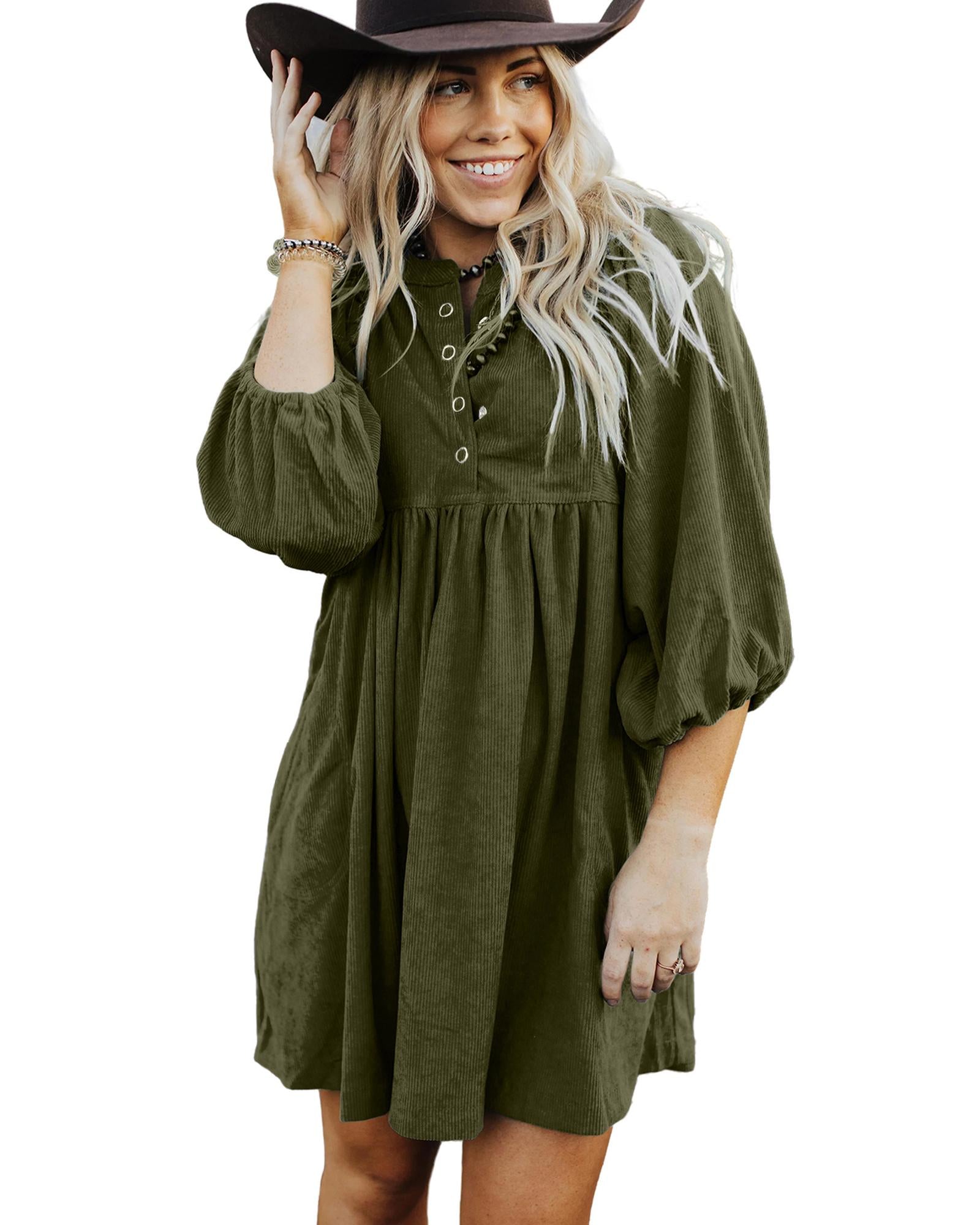 Vineyard Green Corduroy Snap Buttons Empire Waist Bracelet Sleeve Dress - M 5