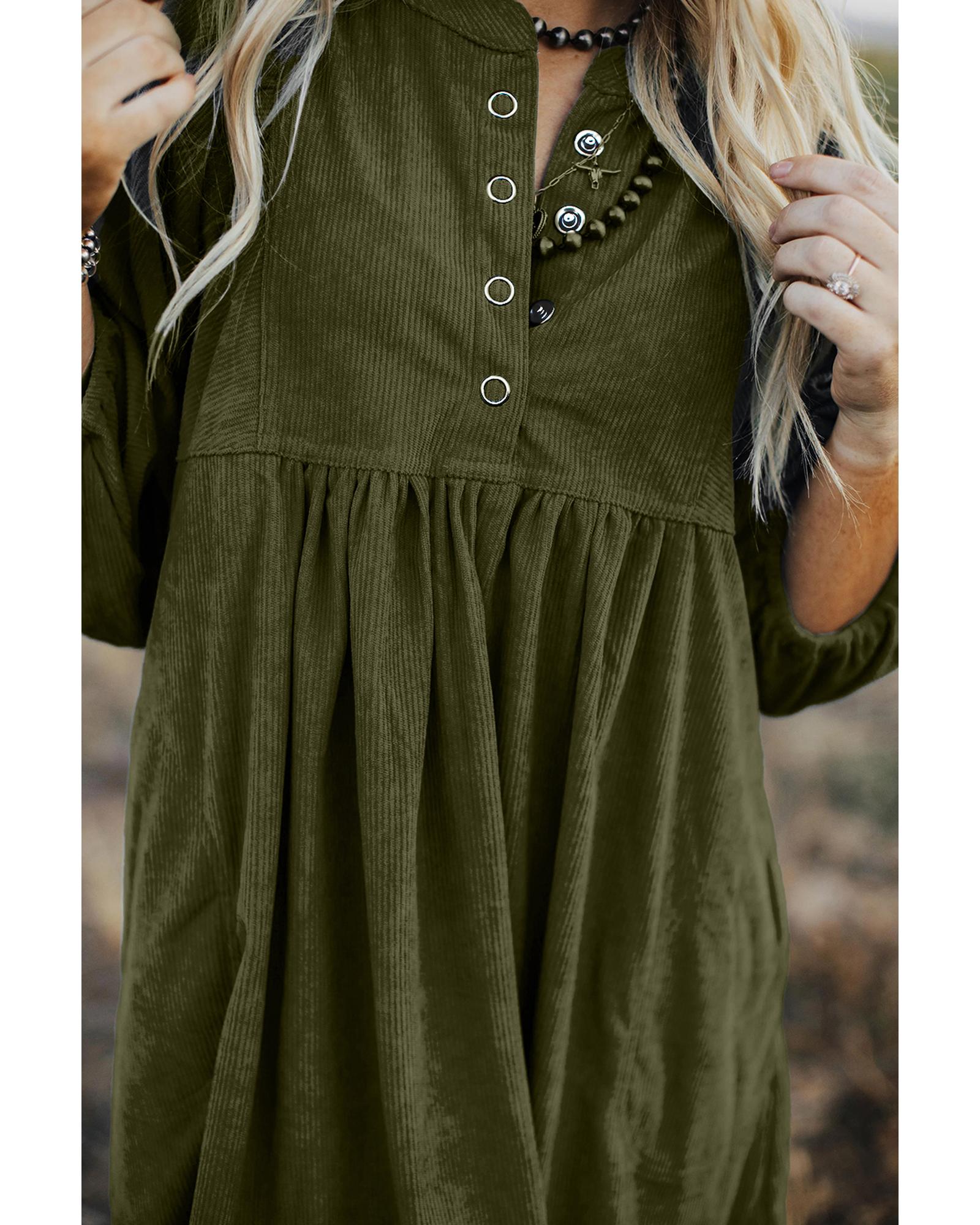 Vineyard Green Corduroy Snap Buttons Empire Waist Bracelet Sleeve Dress - M 6