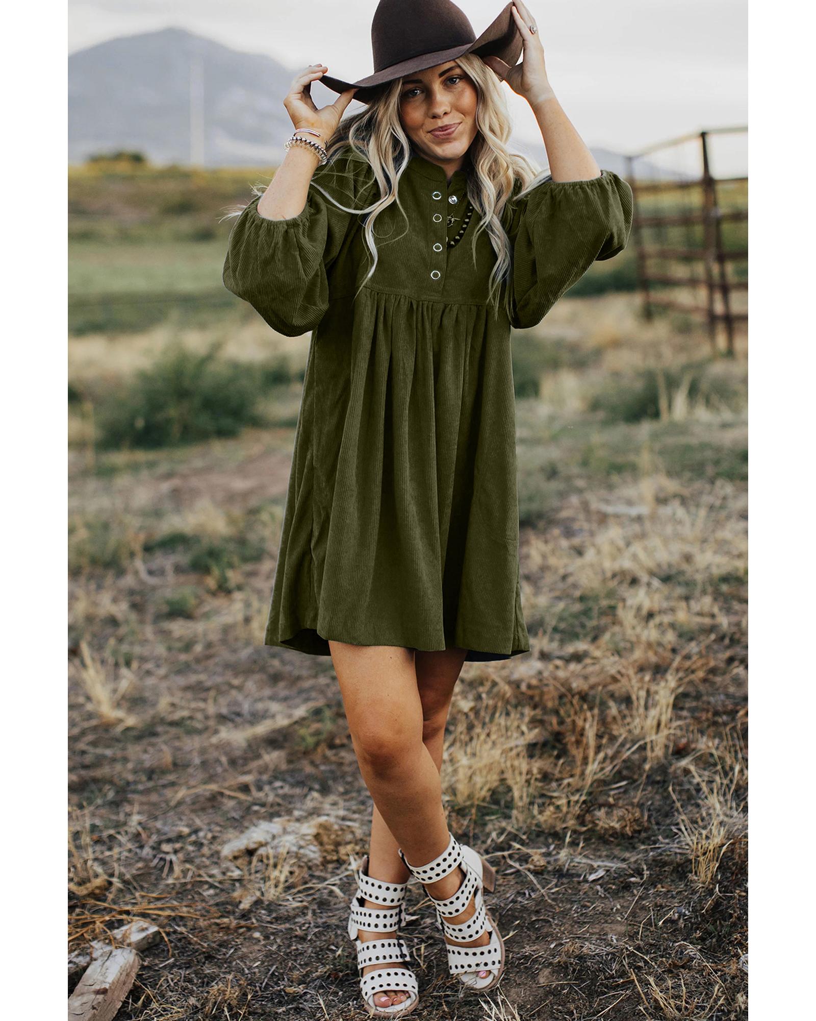 Vineyard Green Corduroy Snap Buttons Empire Waist Bracelet Sleeve Dress - M 7