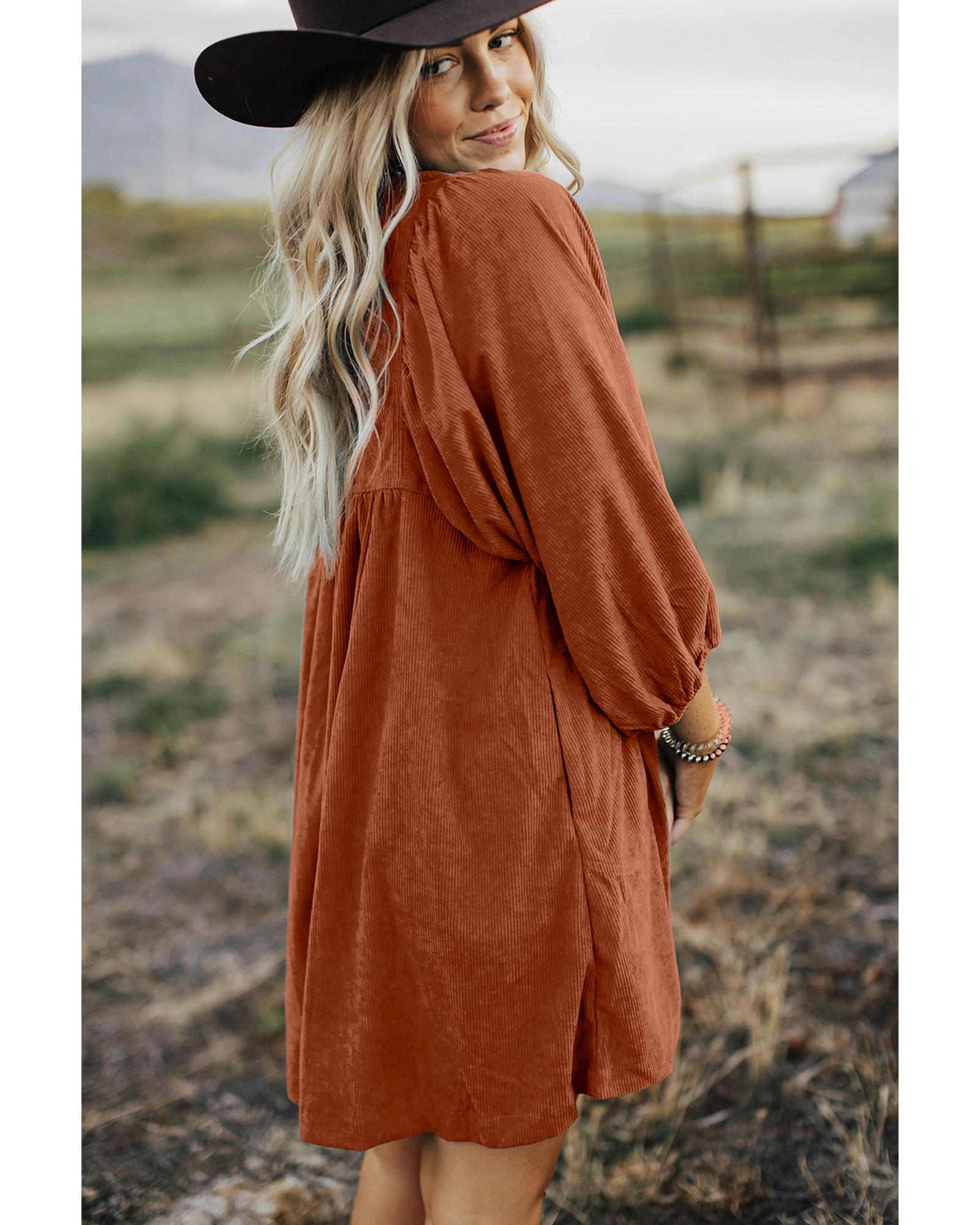 Gold Flame Corduroy Snap Buttons Empire Waist Bracelet Sleeve Dress - L 3