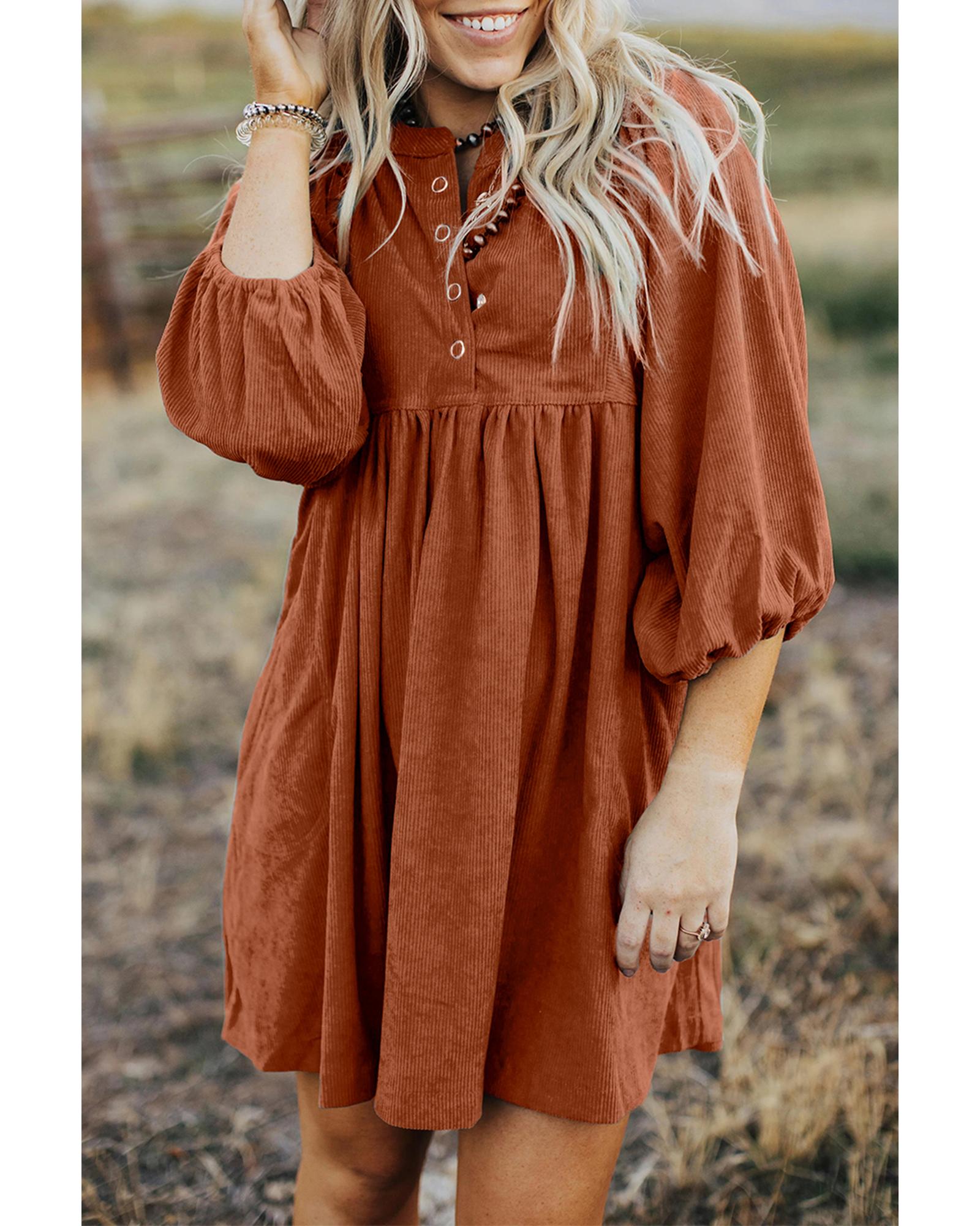 Gold Flame Corduroy Snap Buttons Empire Waist Bracelet Sleeve Dress - L 5