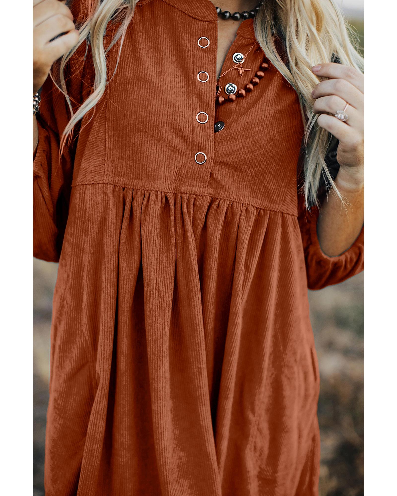 Gold Flame Corduroy Snap Buttons Empire Waist Bracelet Sleeve Dress - XL