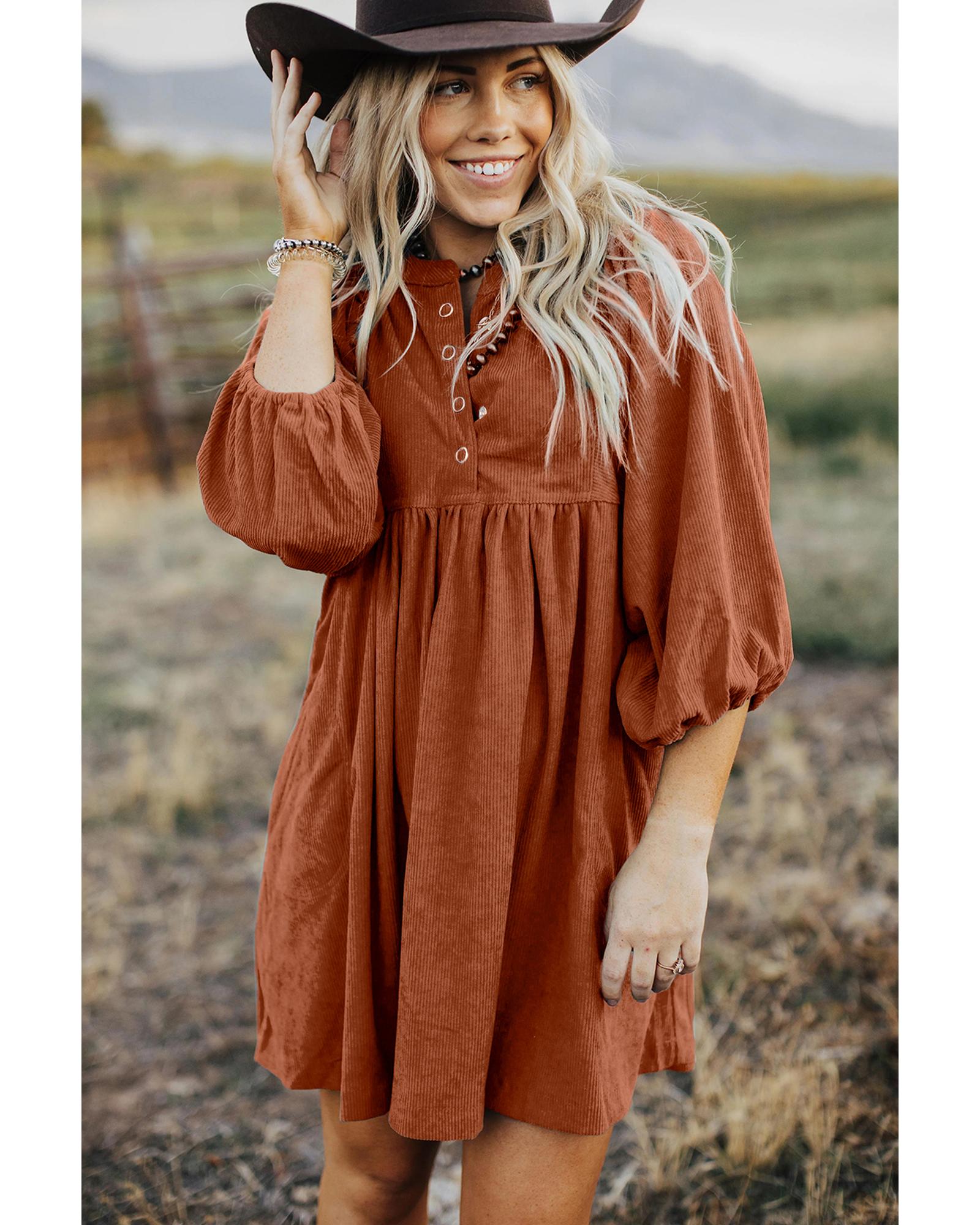 Gold Flame Corduroy Snap Buttons Empire Waist Bracelet Sleeve Dress - XL 6