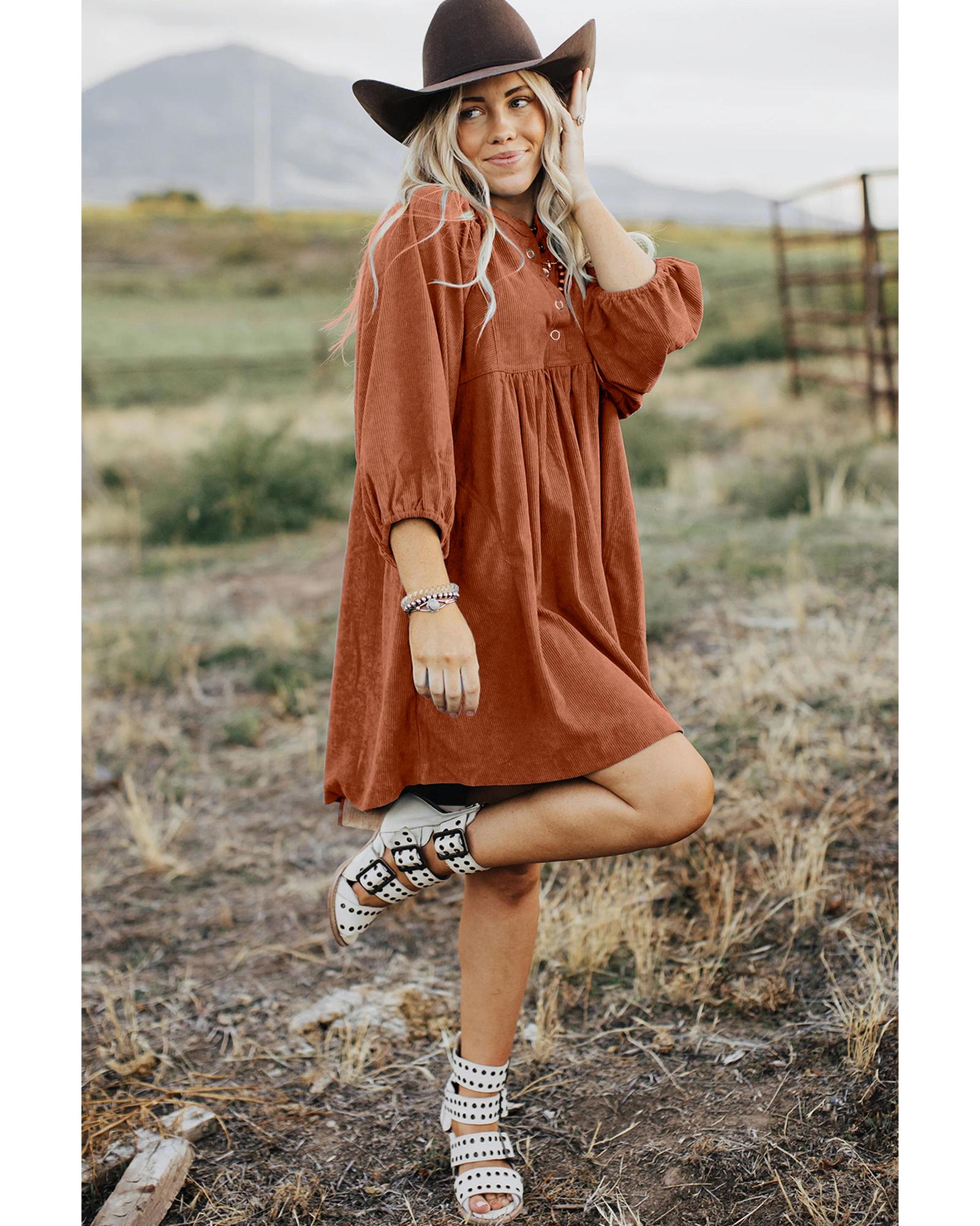 Gold Flame Corduroy Snap Buttons Empire Waist Bracelet Sleeve Dress - XL 7
