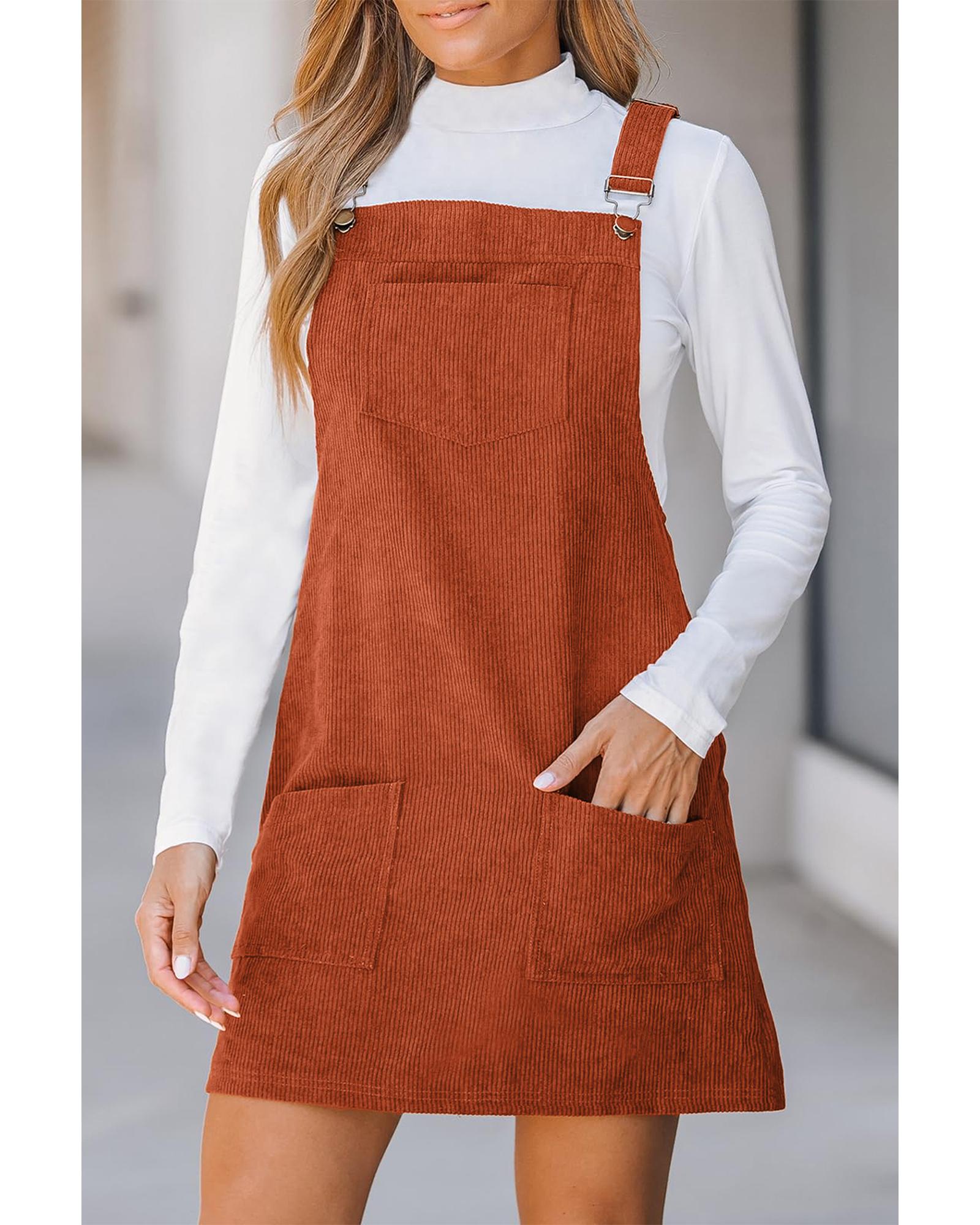 Cinnamon Solid Front Pockets Sleeveless Corduroy Overall Dress - M