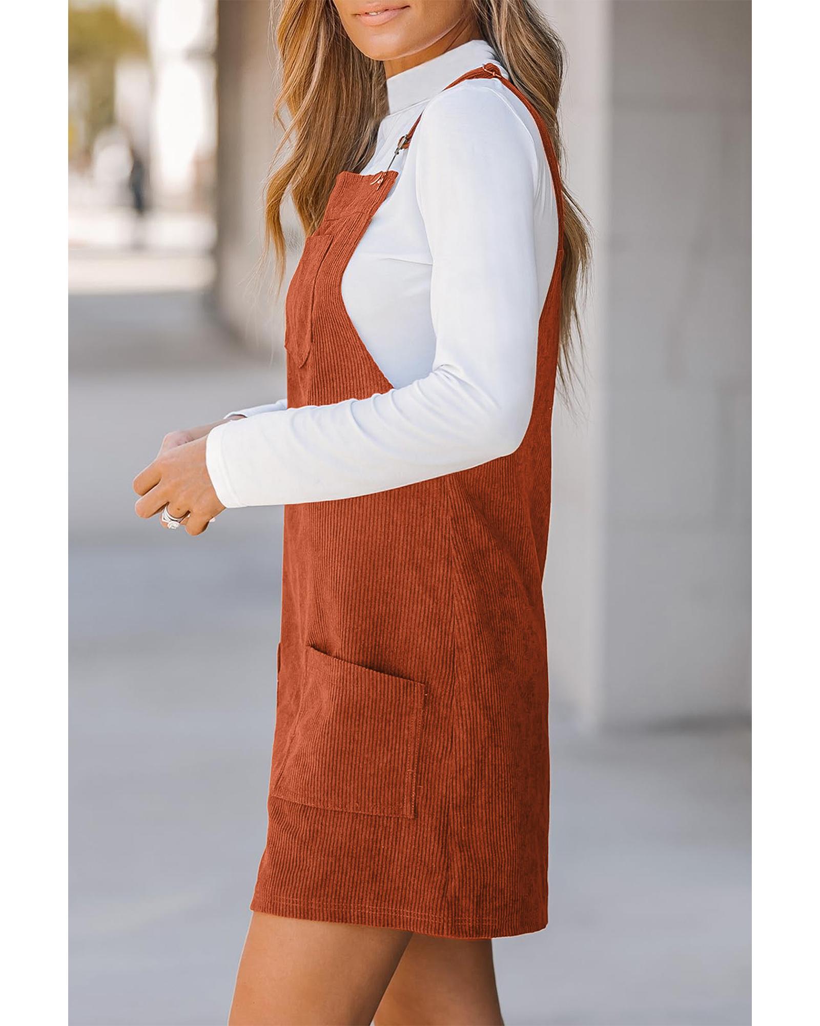 Cinnamon Solid Front Pockets Sleeveless Corduroy Overall Dress - M