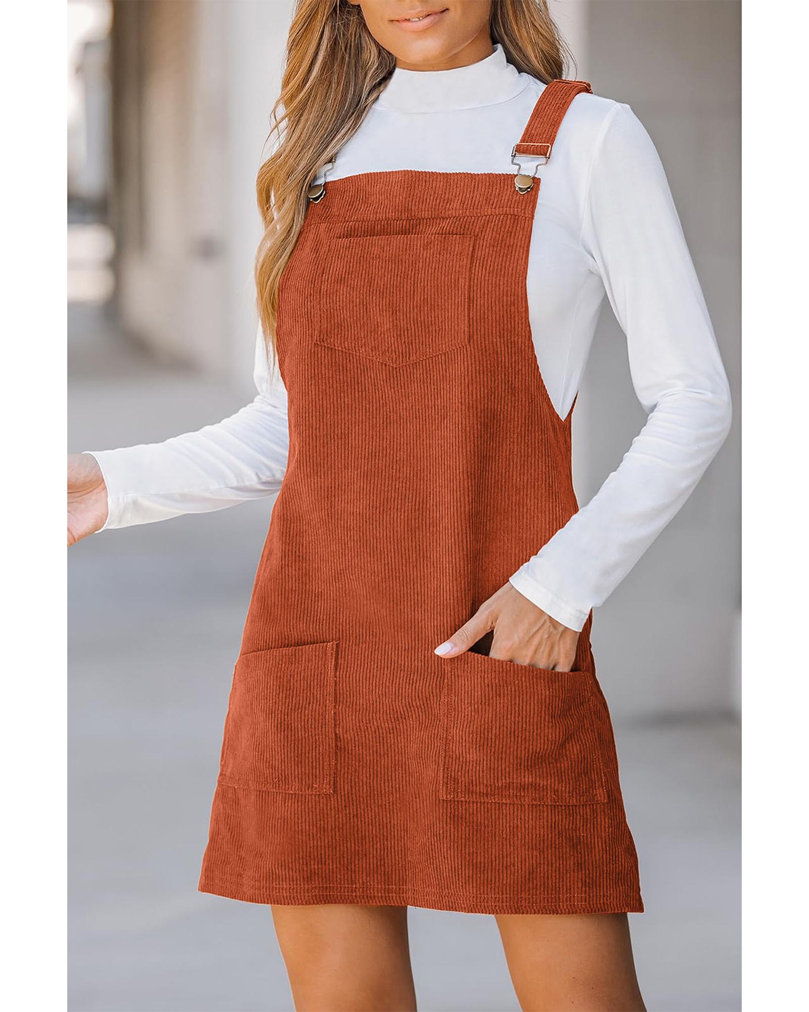 Cinnamon Solid Front Pockets Sleeveless Corduroy Overall Dress - M 3