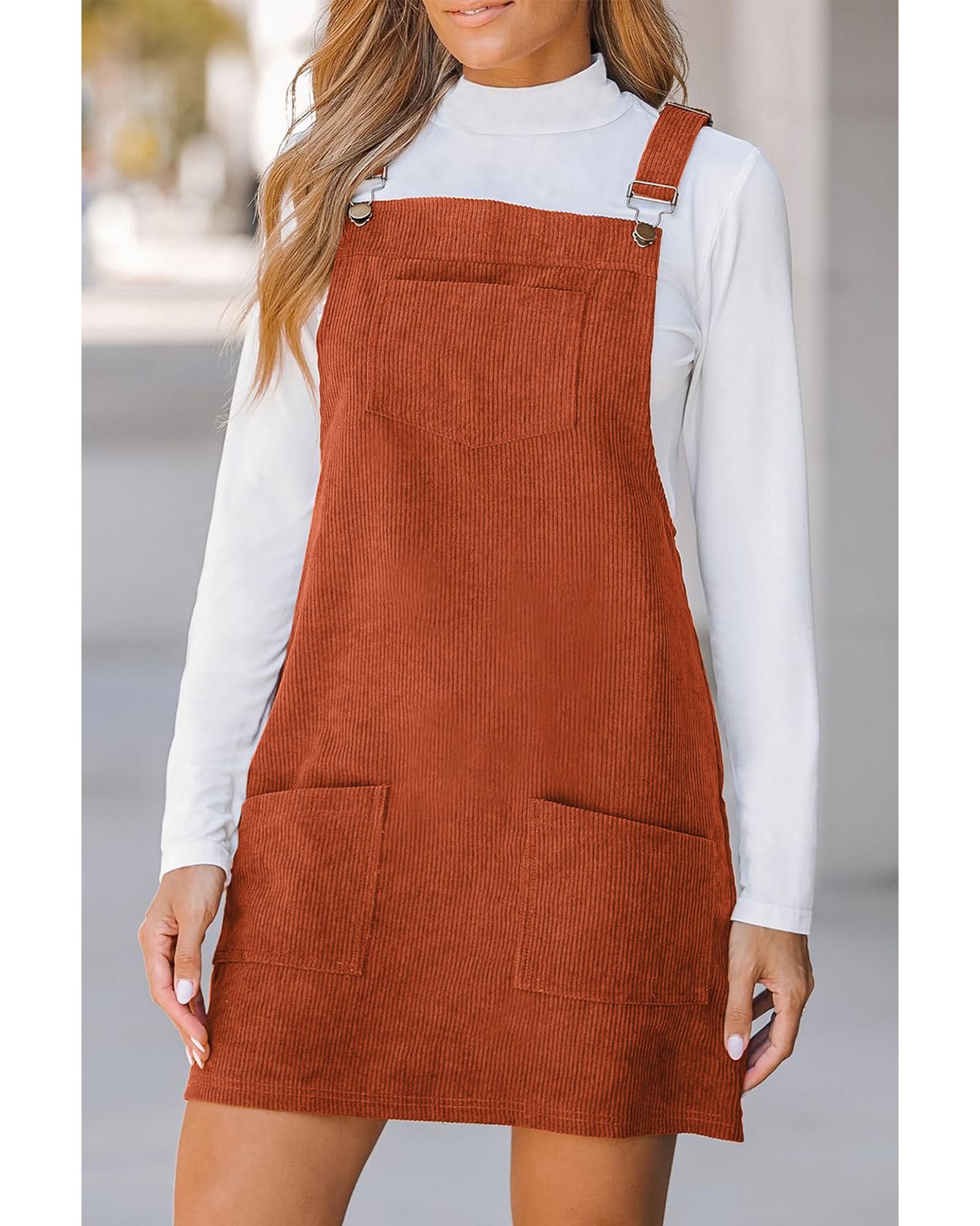 Cinnamon Solid Front Pockets Sleeveless Corduroy Overall Dress - M 5
