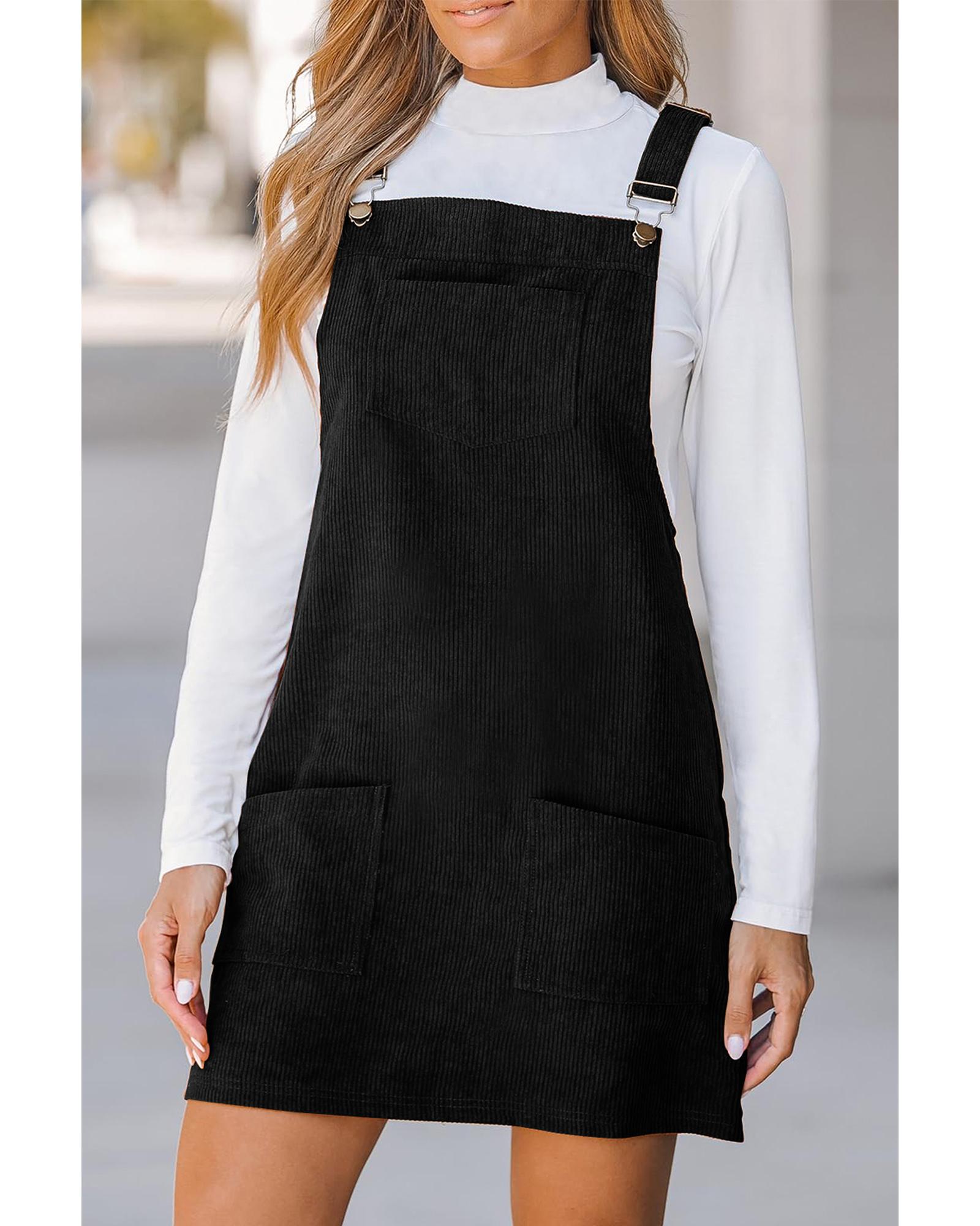Black Solid Front Pockets Sleeveless Corduroy Overall Dress - XL 3