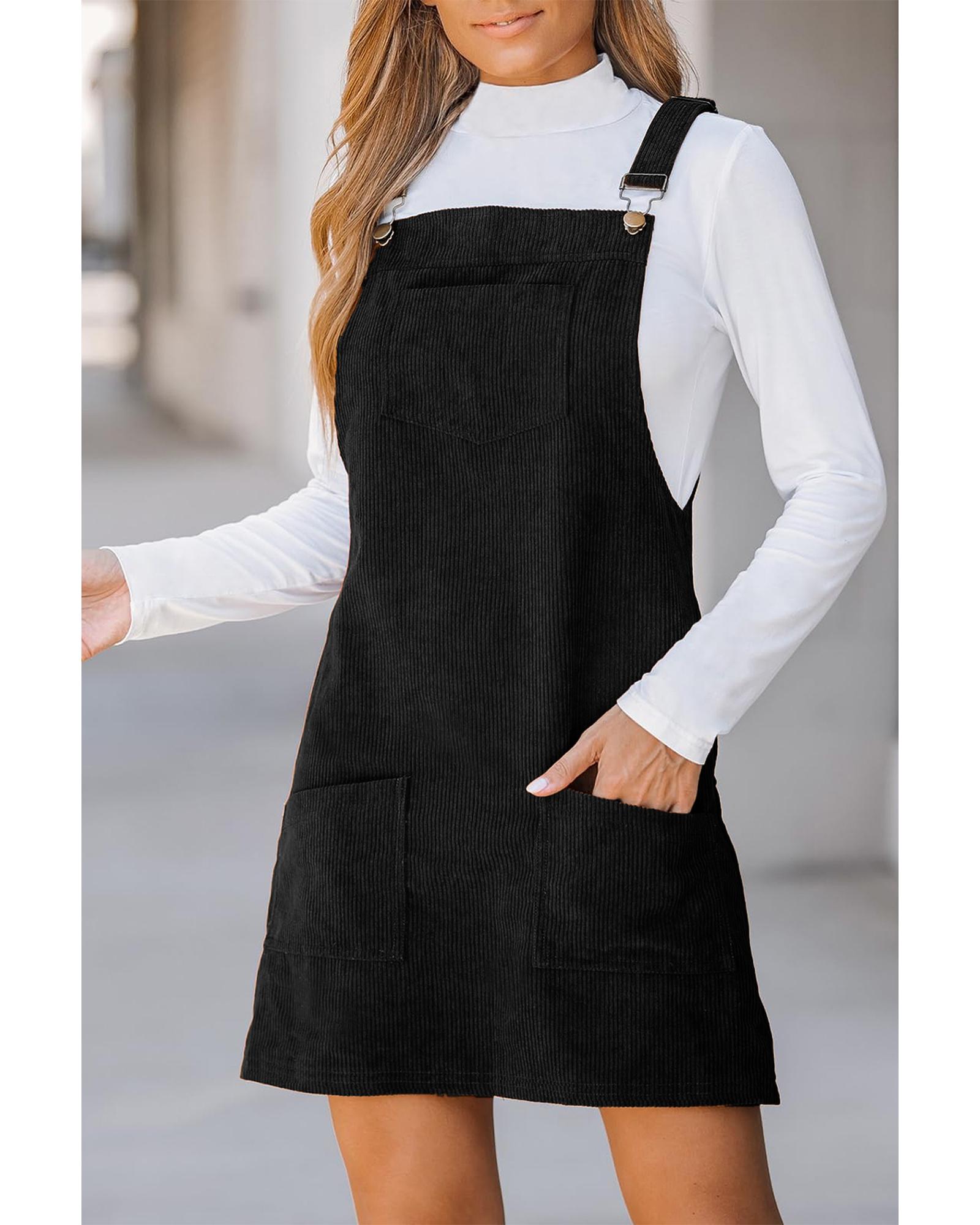 Black Solid Front Pockets Sleeveless Corduroy Overall Dress - XL 4