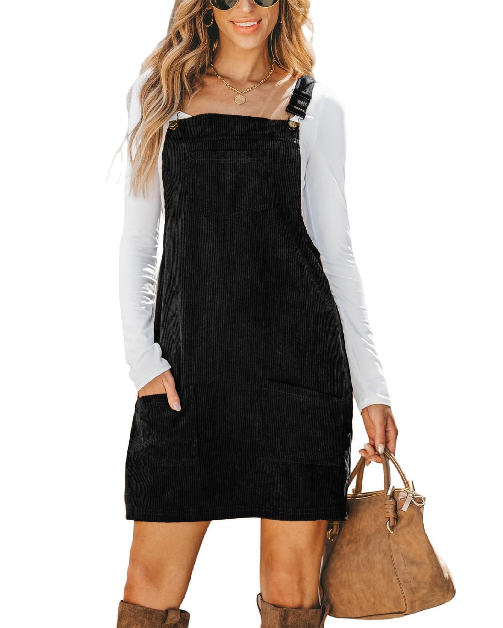 Black Solid Front Pockets Sleeveless Corduroy Overall Dress - XL 5