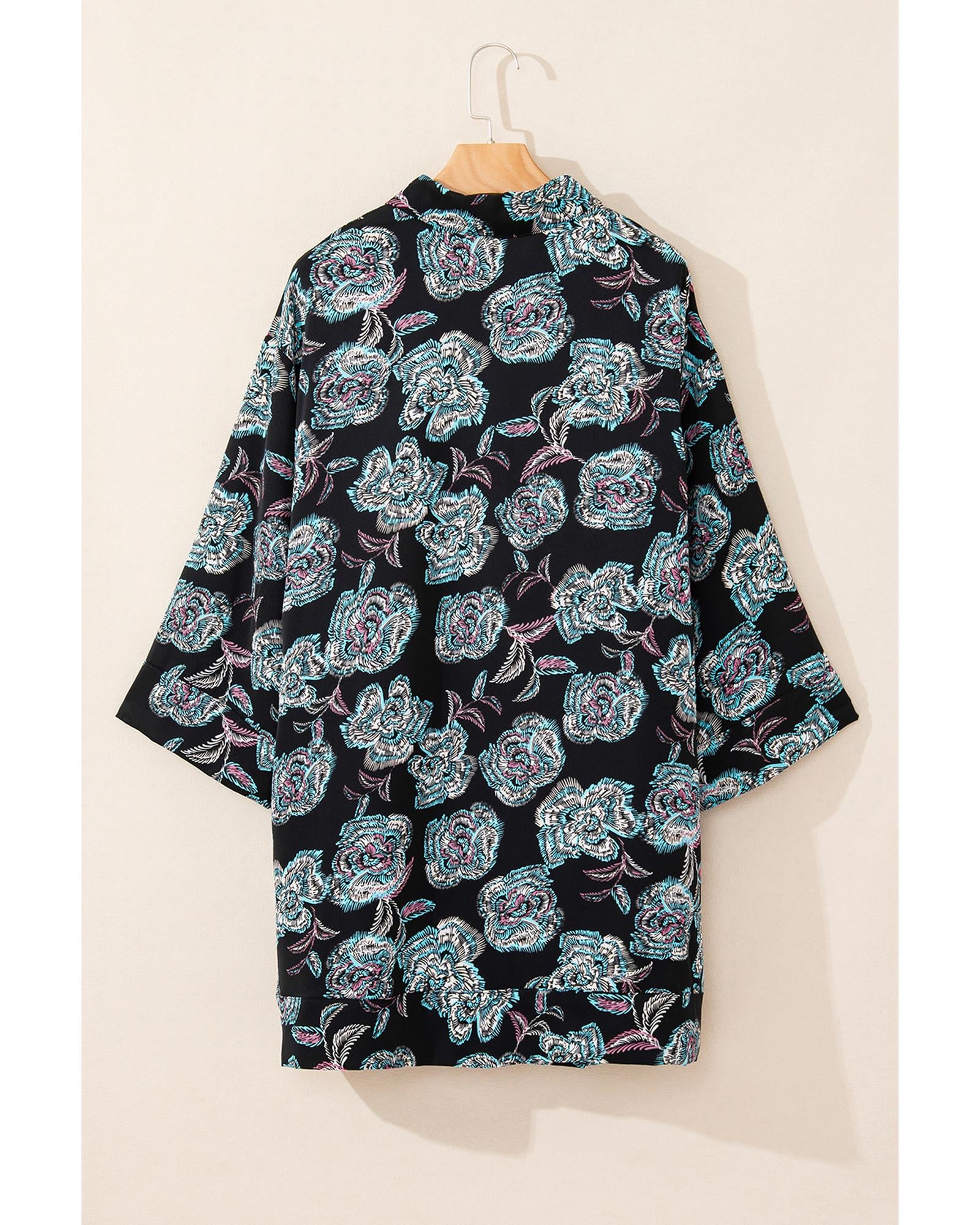 Black Floral Print Lapel Collar Loose Shirt Mini Dress - L 7