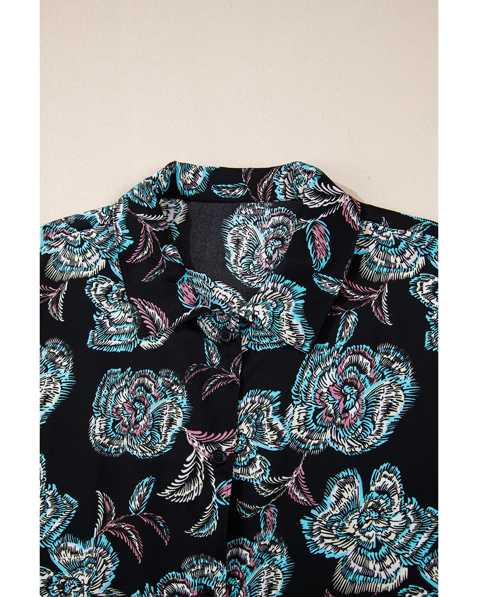 Black Floral Print Lapel Collar Loose Shirt Mini Dress - L 8