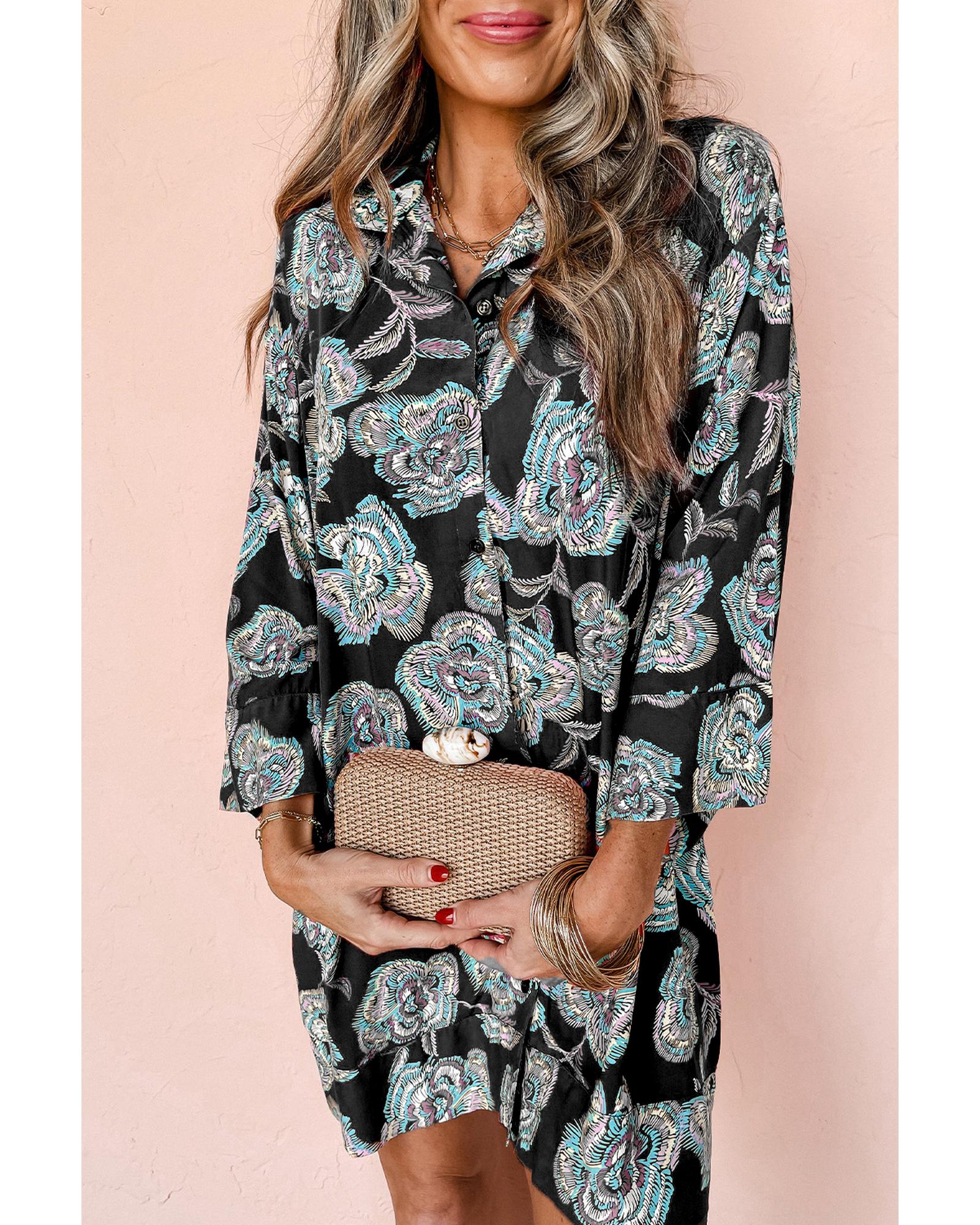 Black Floral Print Lapel Collar Loose Shirt Mini Dress - XL 4