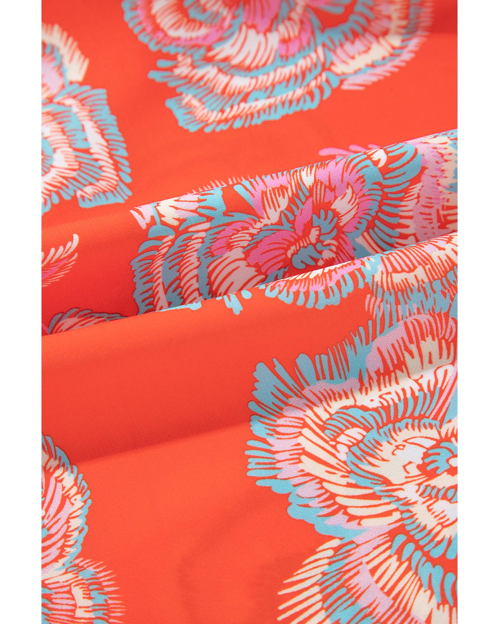 Red Floral Print Lapel Collar Loose Shirt Mini Dress - L 6