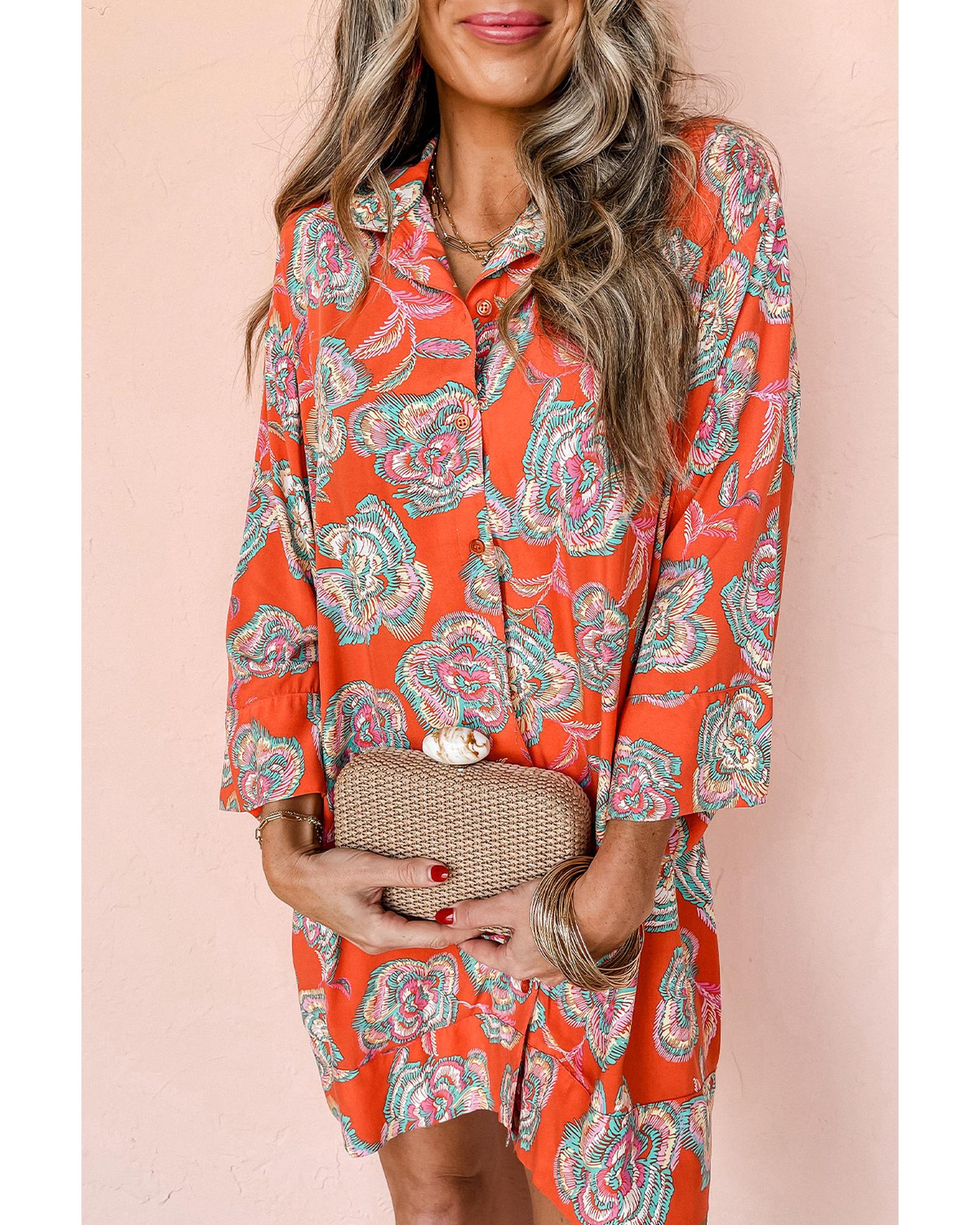 Red Floral Print Lapel Collar Loose Shirt Mini Dress - M