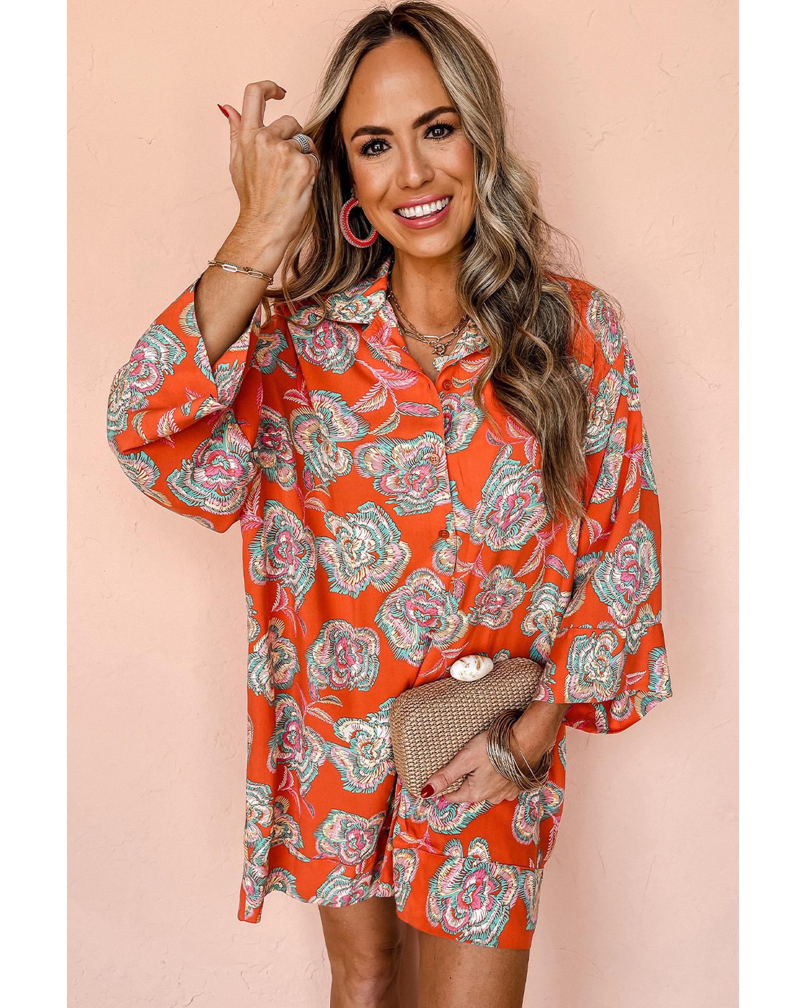 Red Floral Print Lapel Collar Loose Shirt Mini Dress - M 4