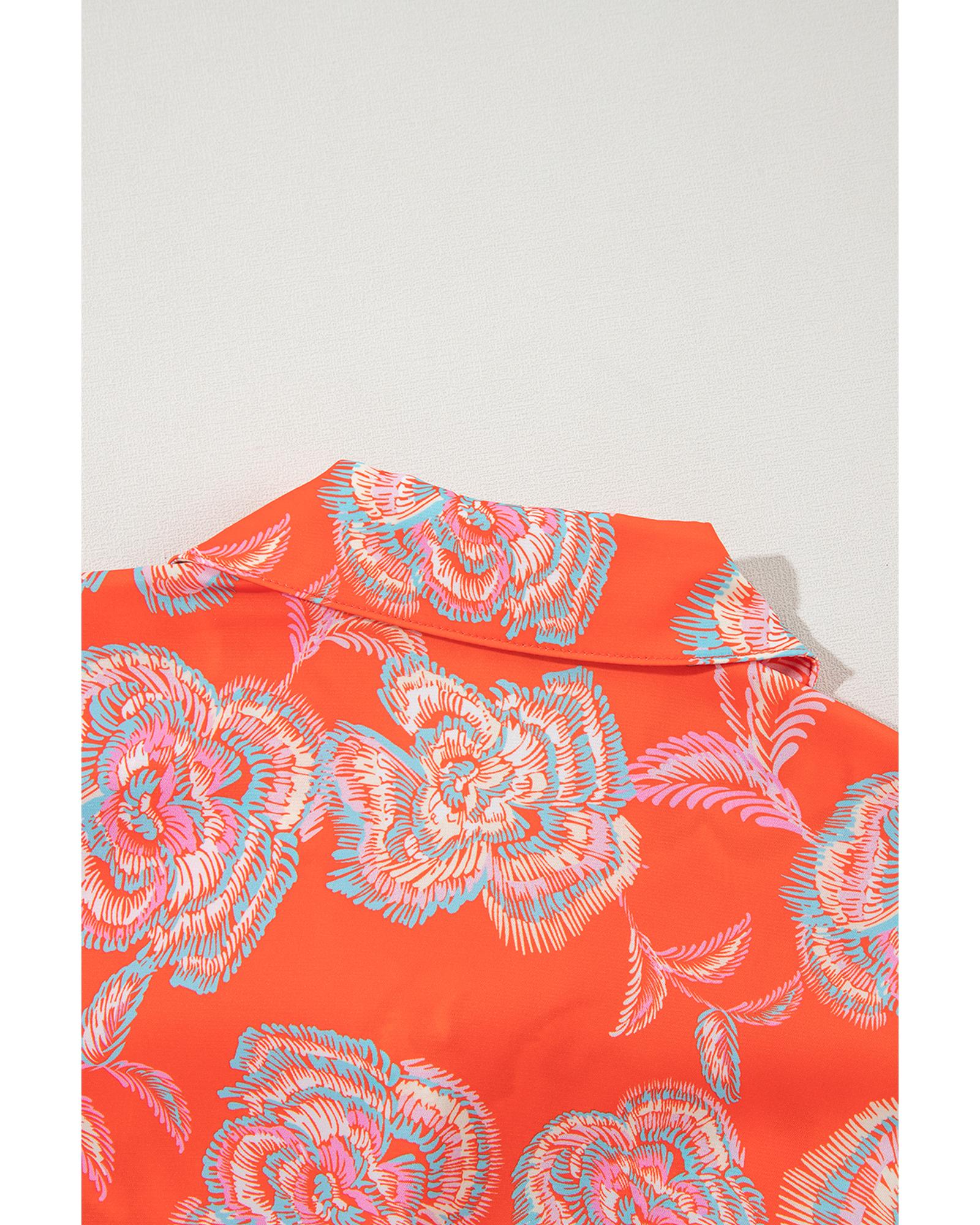 Red Floral Print Lapel Collar Loose Shirt Mini Dress - XL 5