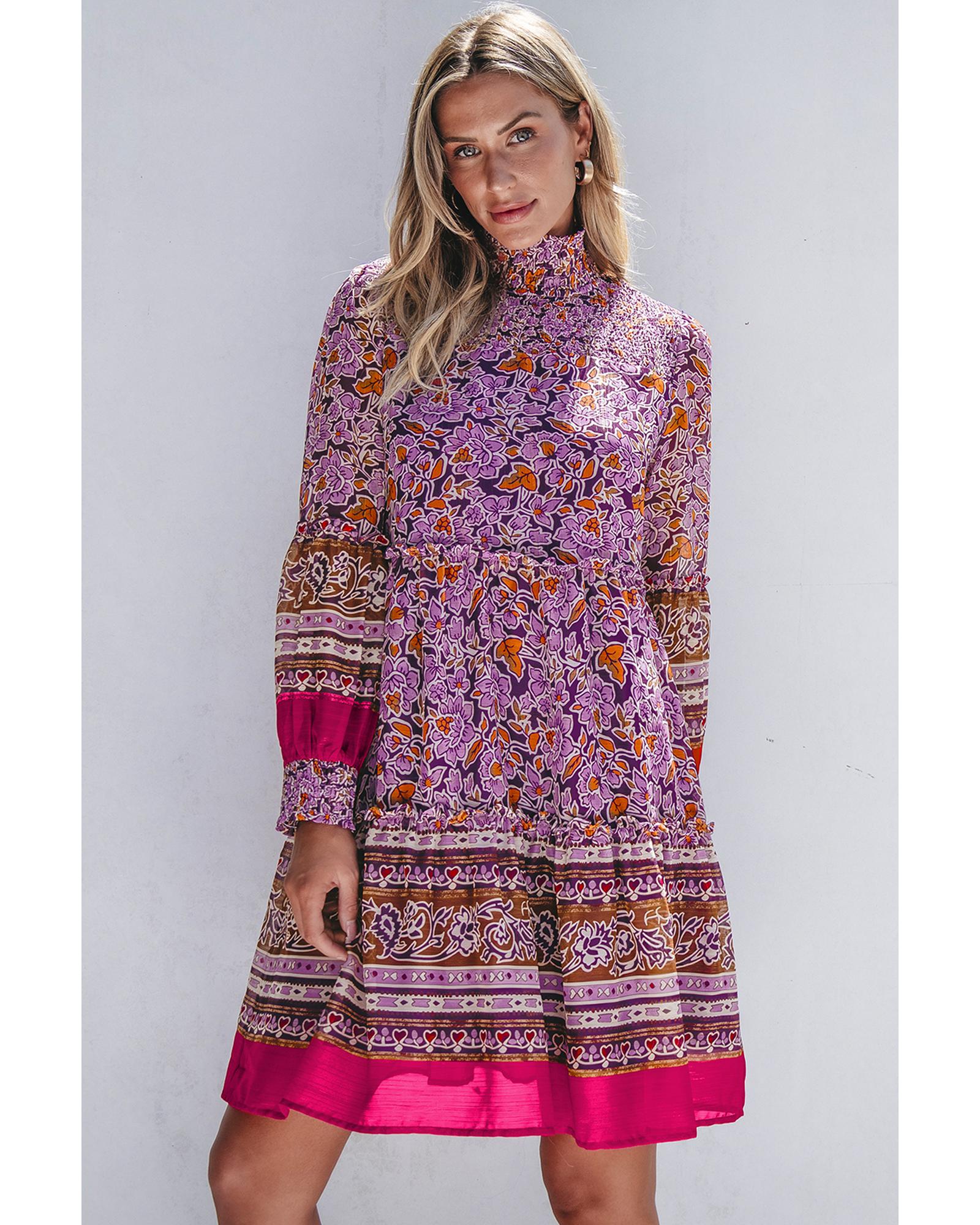 Purple Floral Smocked Puff Sleeve High Neck Mini Dress - M 3