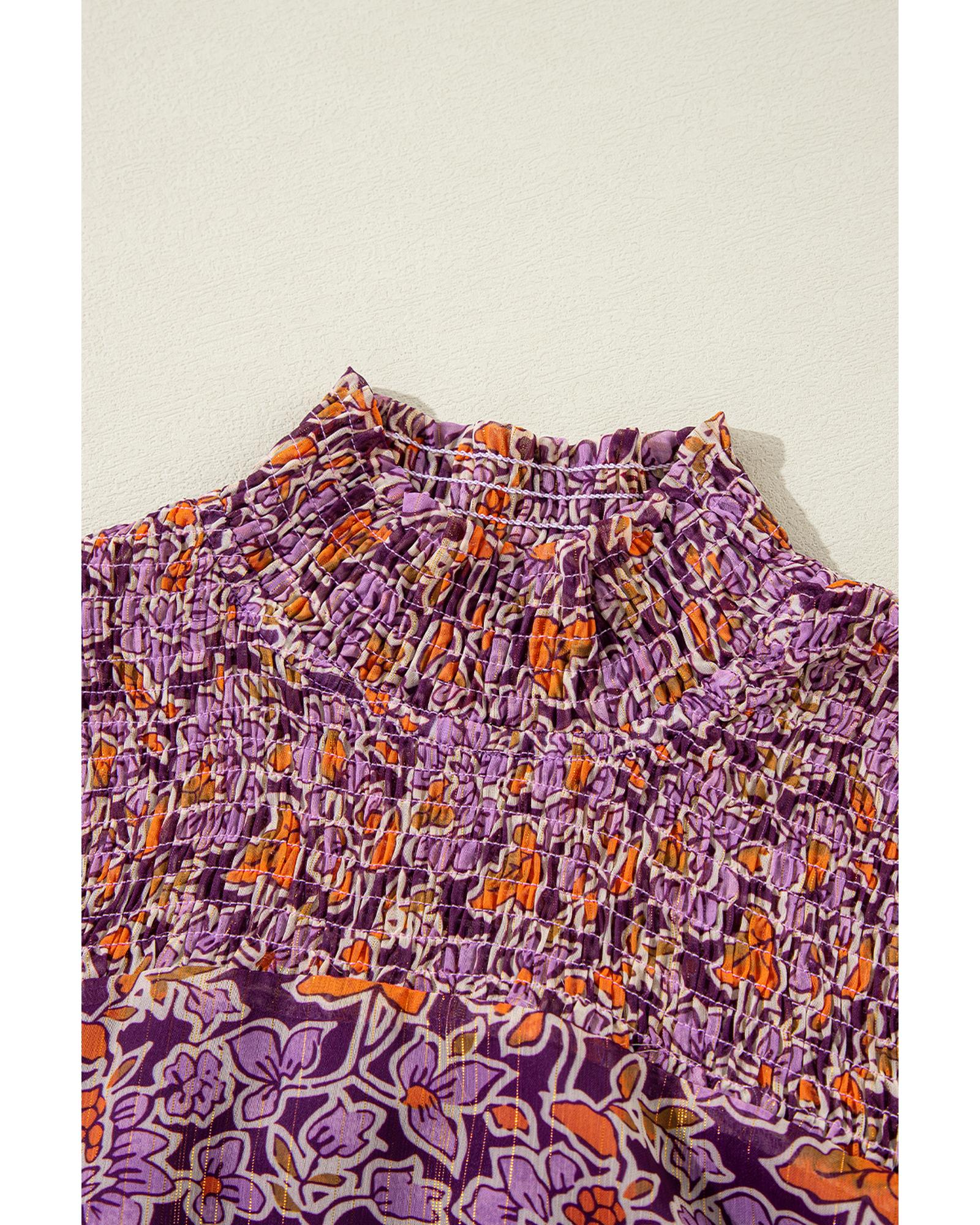 Purple Floral Smocked Puff Sleeve High Neck Mini Dress - M 7